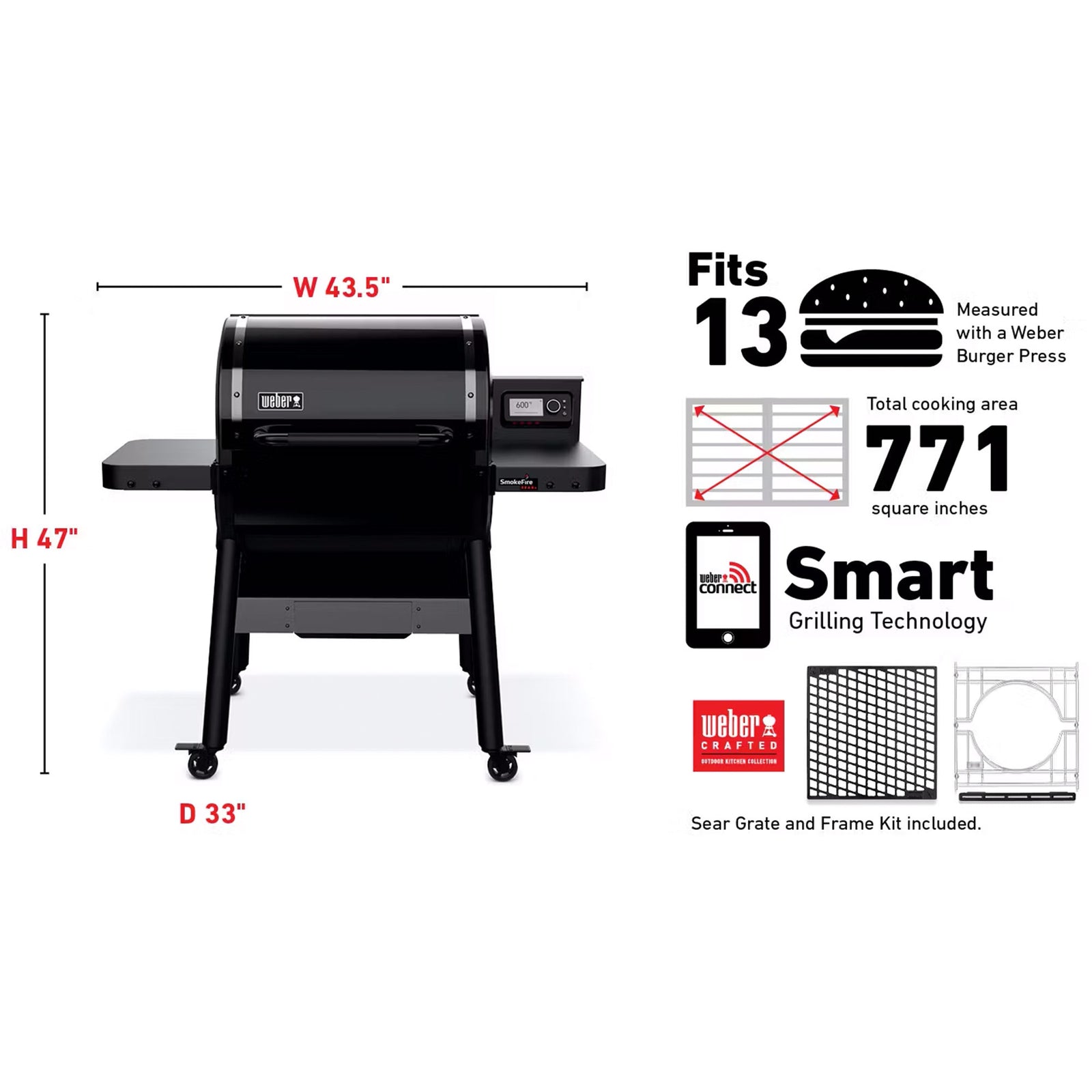 Weber SmokeFire Sear ELX4 Outdoor 24" Wood Fire Pellet Smart Smoker Grill, Black - VMInnovations
