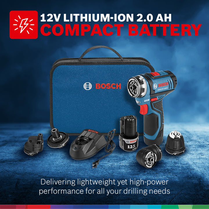 Bosch 5-In-1 Drill/Driver with Flexiclick System and 12 Volt 2.0 Ah Batteries - VMInnovations