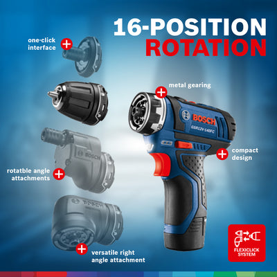 Bosch 5-In-1 Drill/Driver w/Flexiclick System & 12 Volt 2.0 Ah Batteries(Used)
