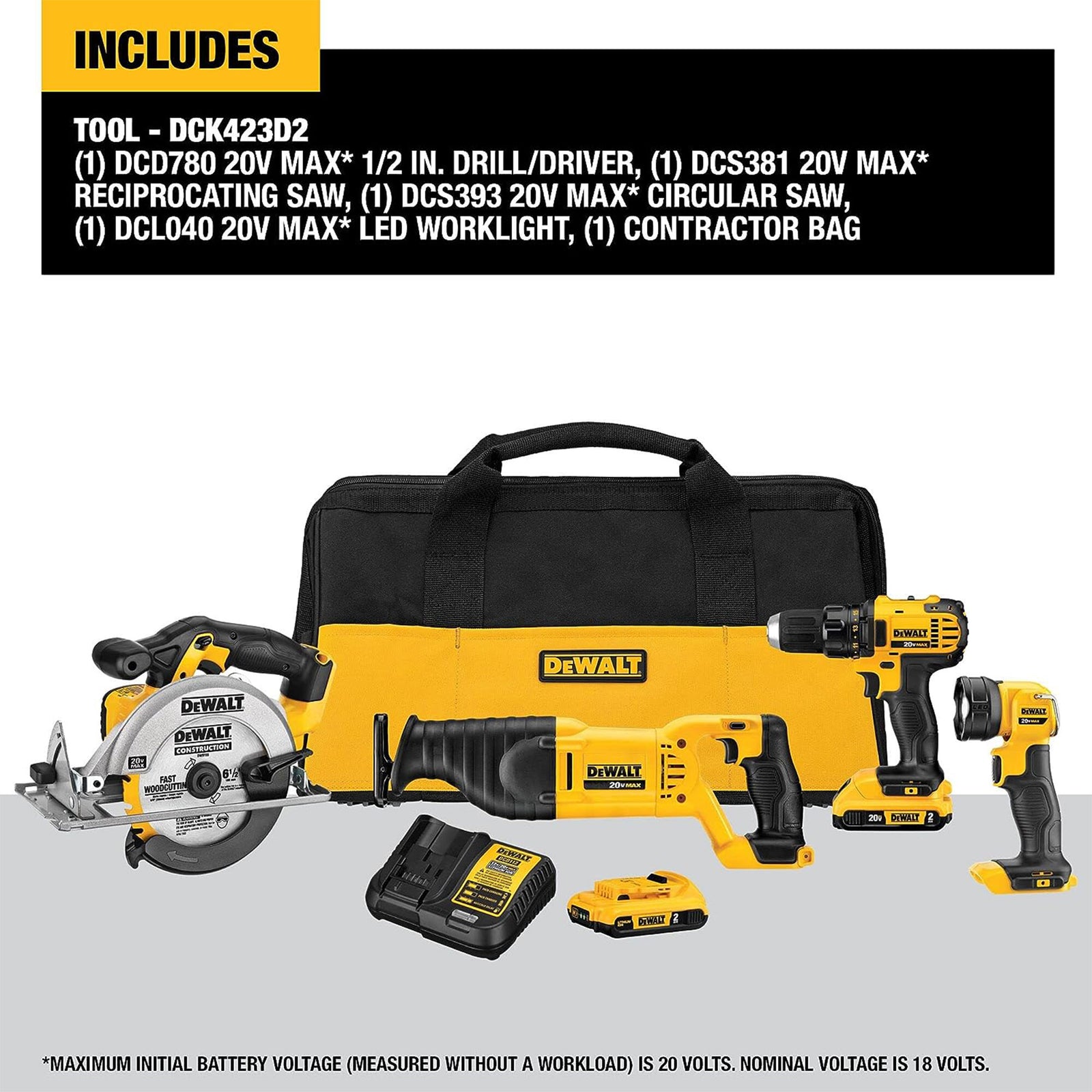 DeWalt 20V MAX 4 Tool Combo Kit w/ Reciprocating & Circular Saws & LED Worklight - VMInnovations