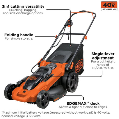 BLACK+DECKER 40V Cordless Electric Walk Behind Lawn Mower w/Battery & Charger