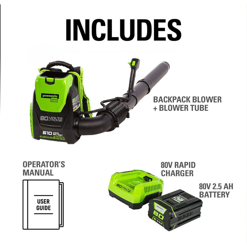 Greenworks Cordless Backpack Blower with 80 Volt 2.5Ah Battery & Charger, Green