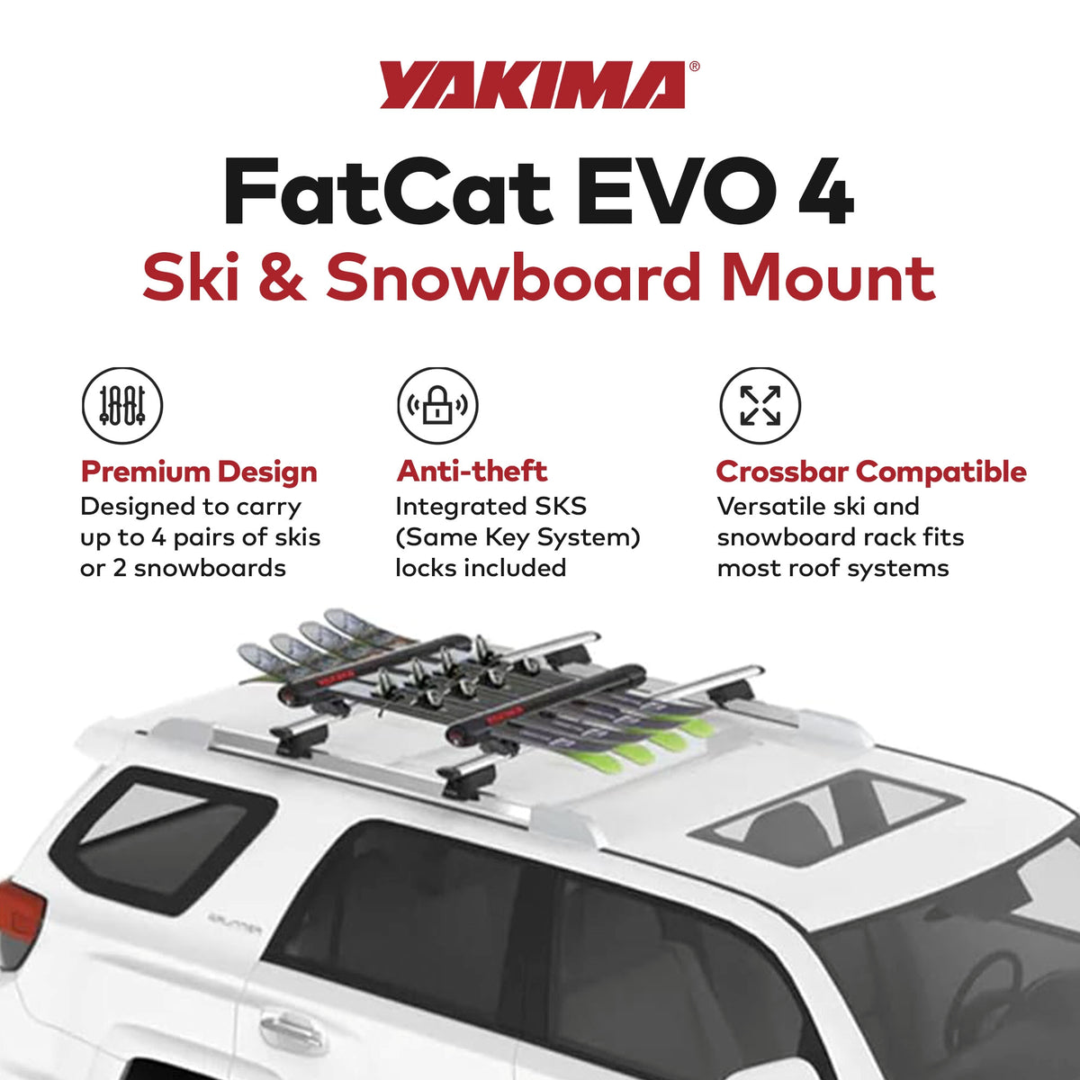 YAKIMA FatCat EVO 4 Skis/2 Snowboards Roof Rack, Fits T-Slot Crossbars(Open Box)