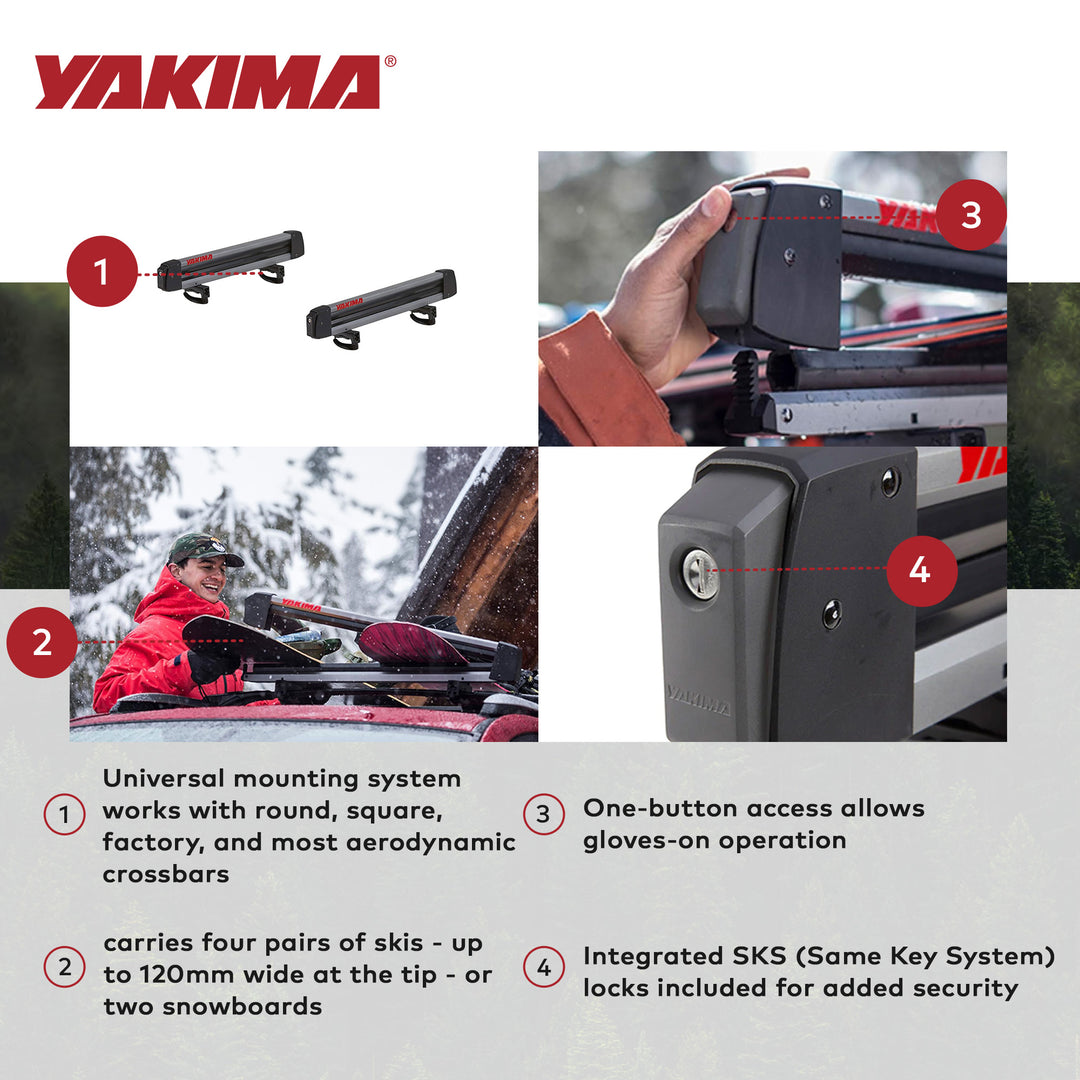 Yakima FreshTrack 4 Universal Car Roof Top Mount Ski and Snowboard Rack, Black