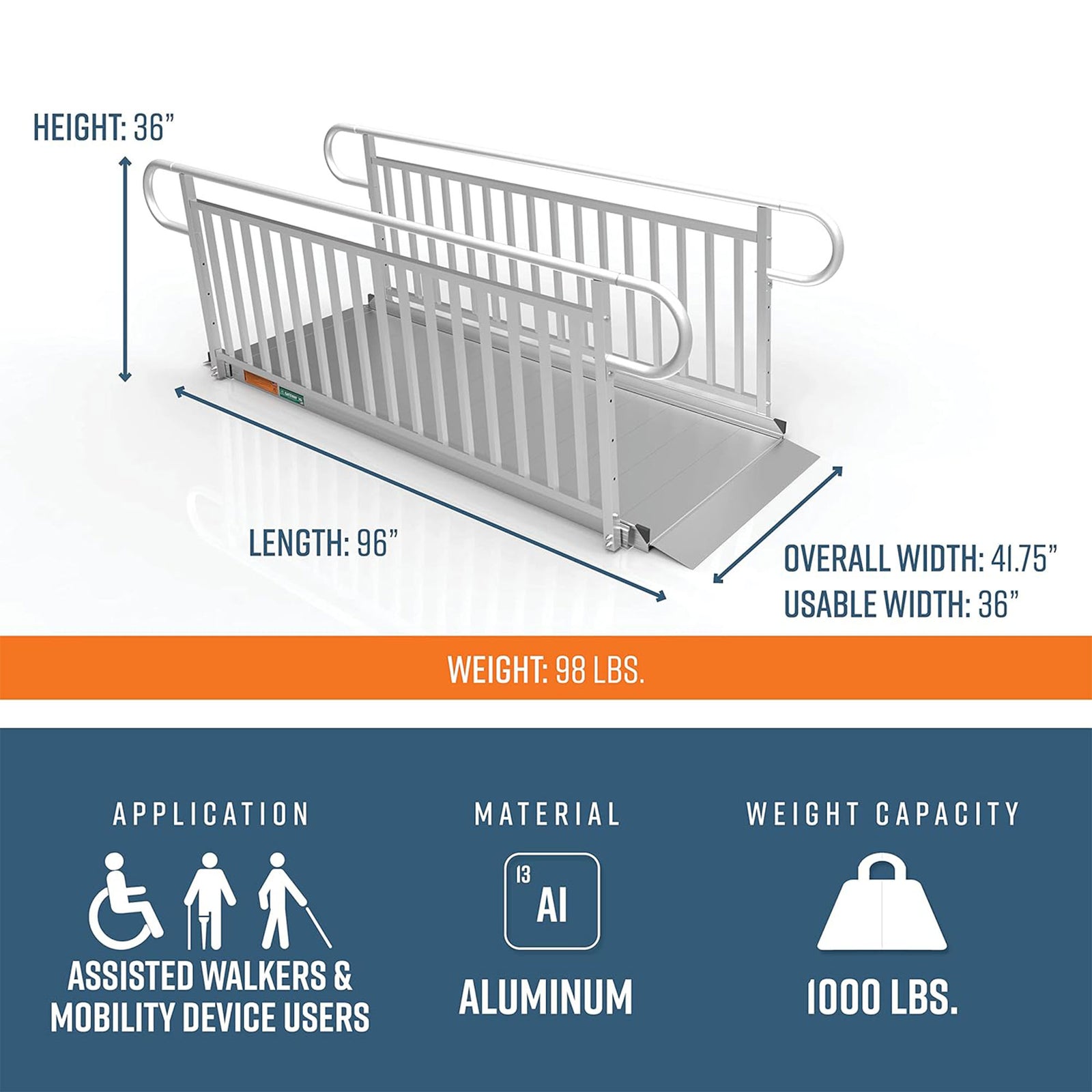 EZ-ACCESS GATEWAY 3G 8 Foot Aluminum Wheelchair Ramp with Vertical Picket Rail - VMInnovations