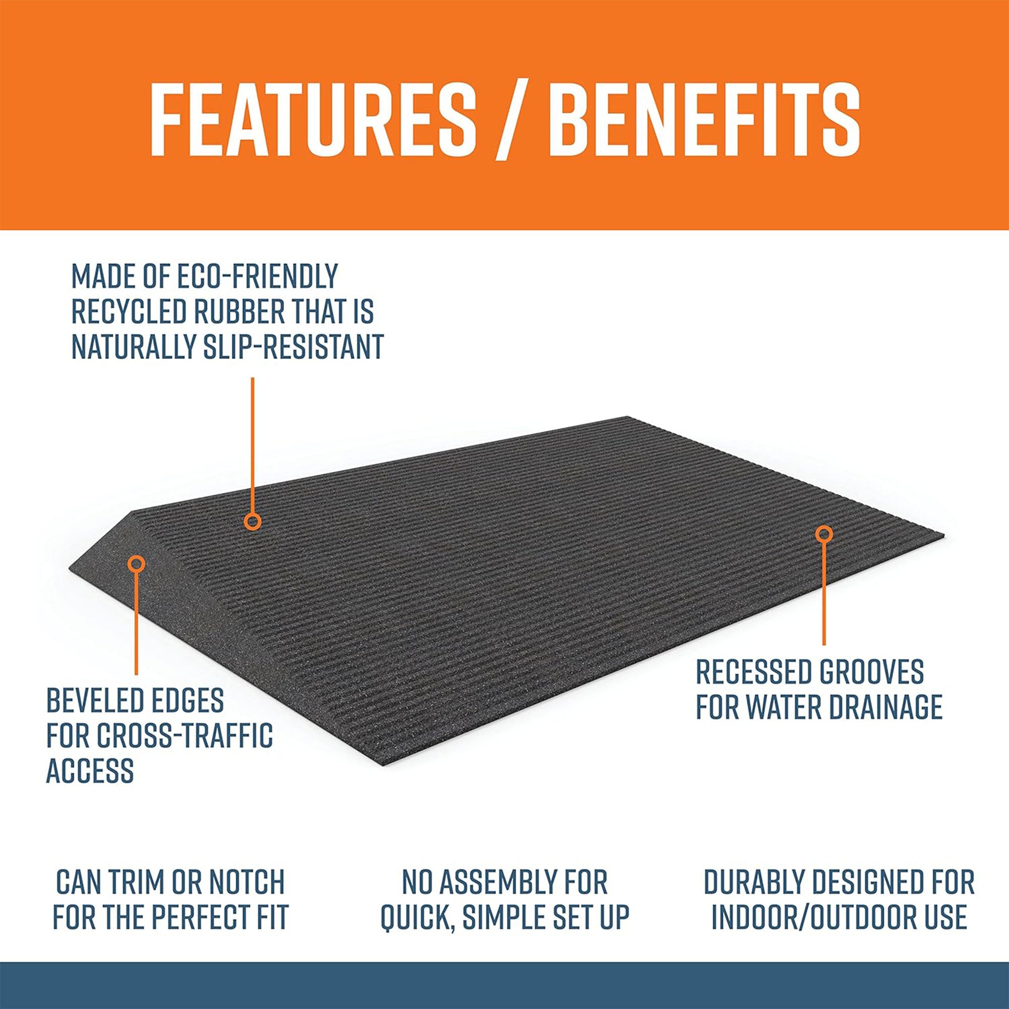 EZ-ACCESS TRANSITIONS 2.5" Non Slip Rectangular Rubber Angled Entry Mat, Black - VMInnovations