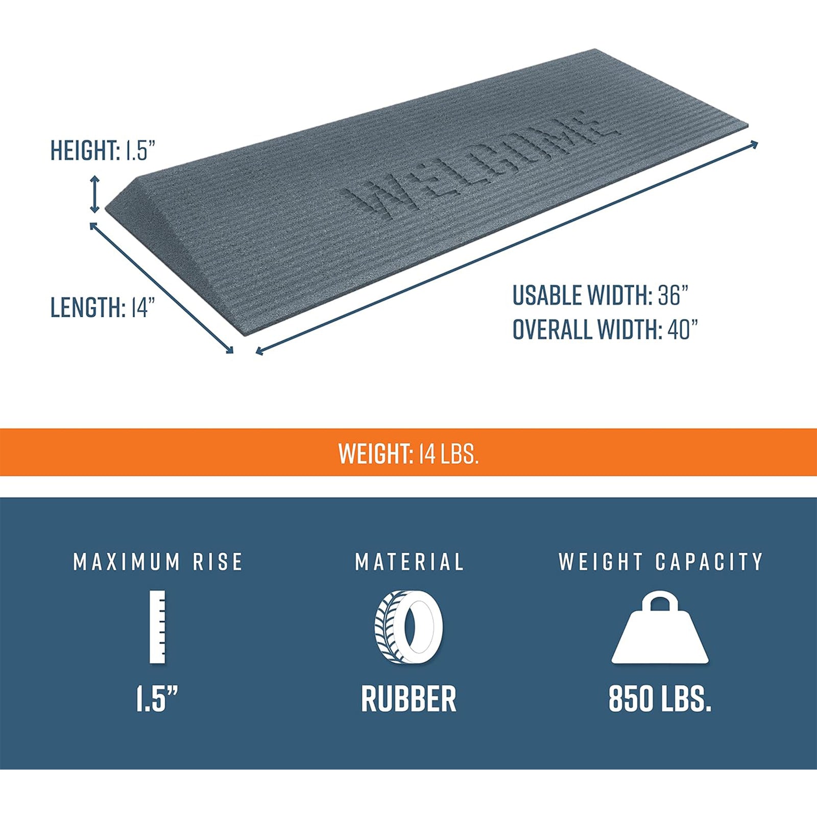 EZ-ACCESS TRANSITIONS 1.5" Rectangular Rubber Angled Welcome Entry Mat, Gray - VMInnovations