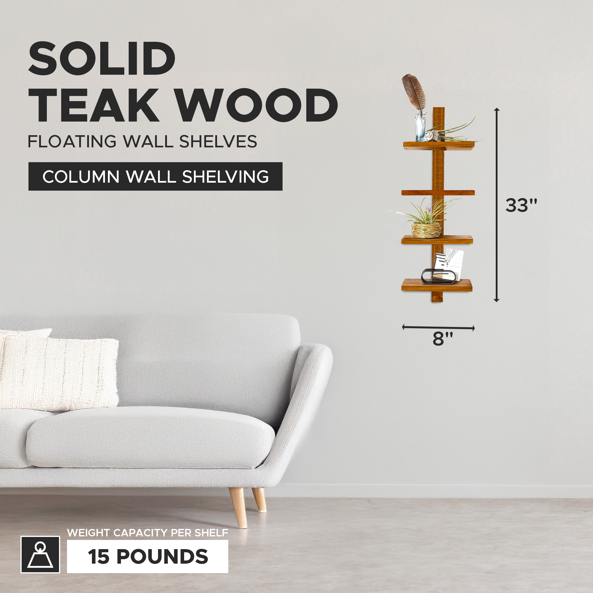 texxture 4 Shelf Floating Wall Shelves Column Shelving, Takara Small, Teak Wood - VMInnovations