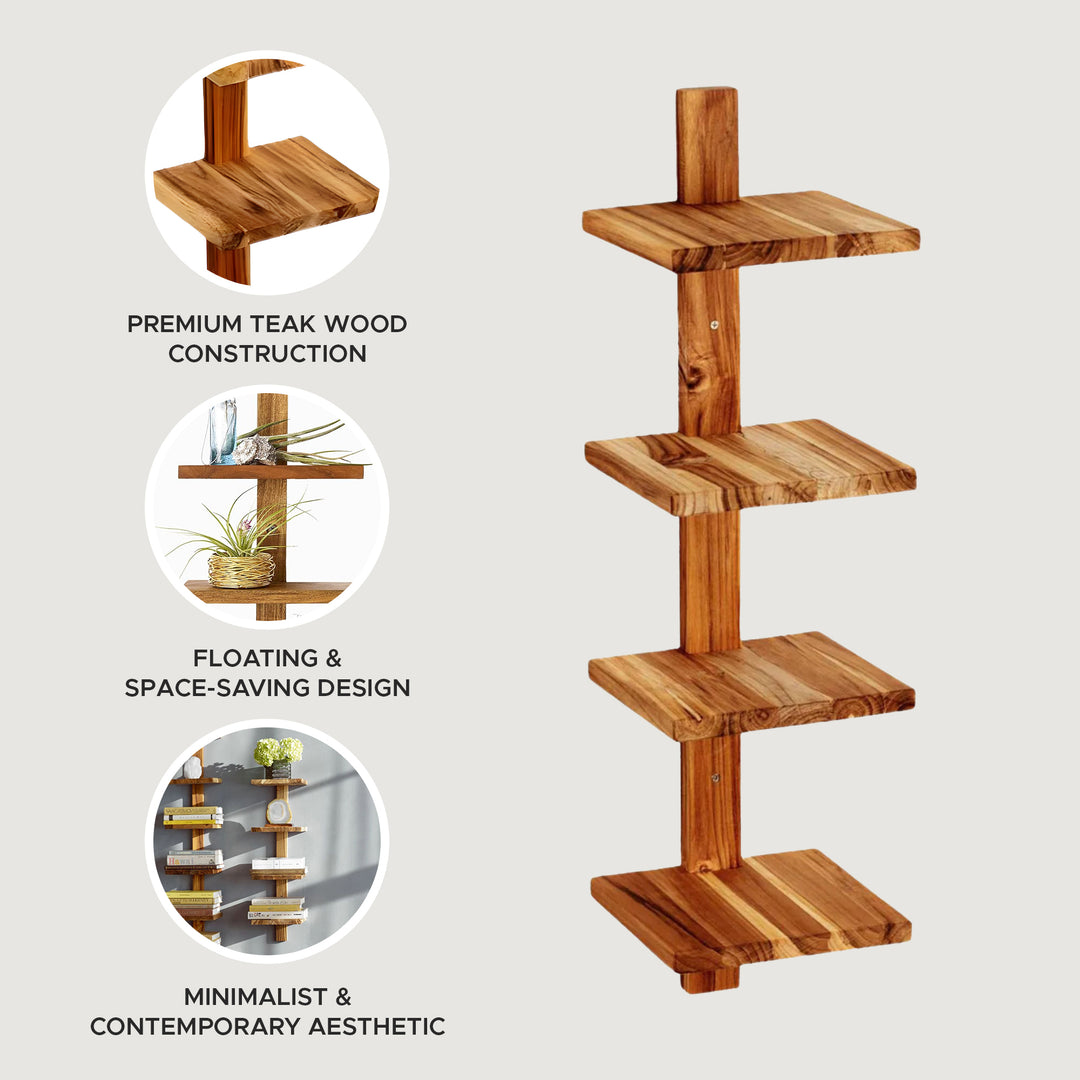 texxture 4 Shelf Floating Wall Shelves Column Shelving, Takara Small, Teak Wood