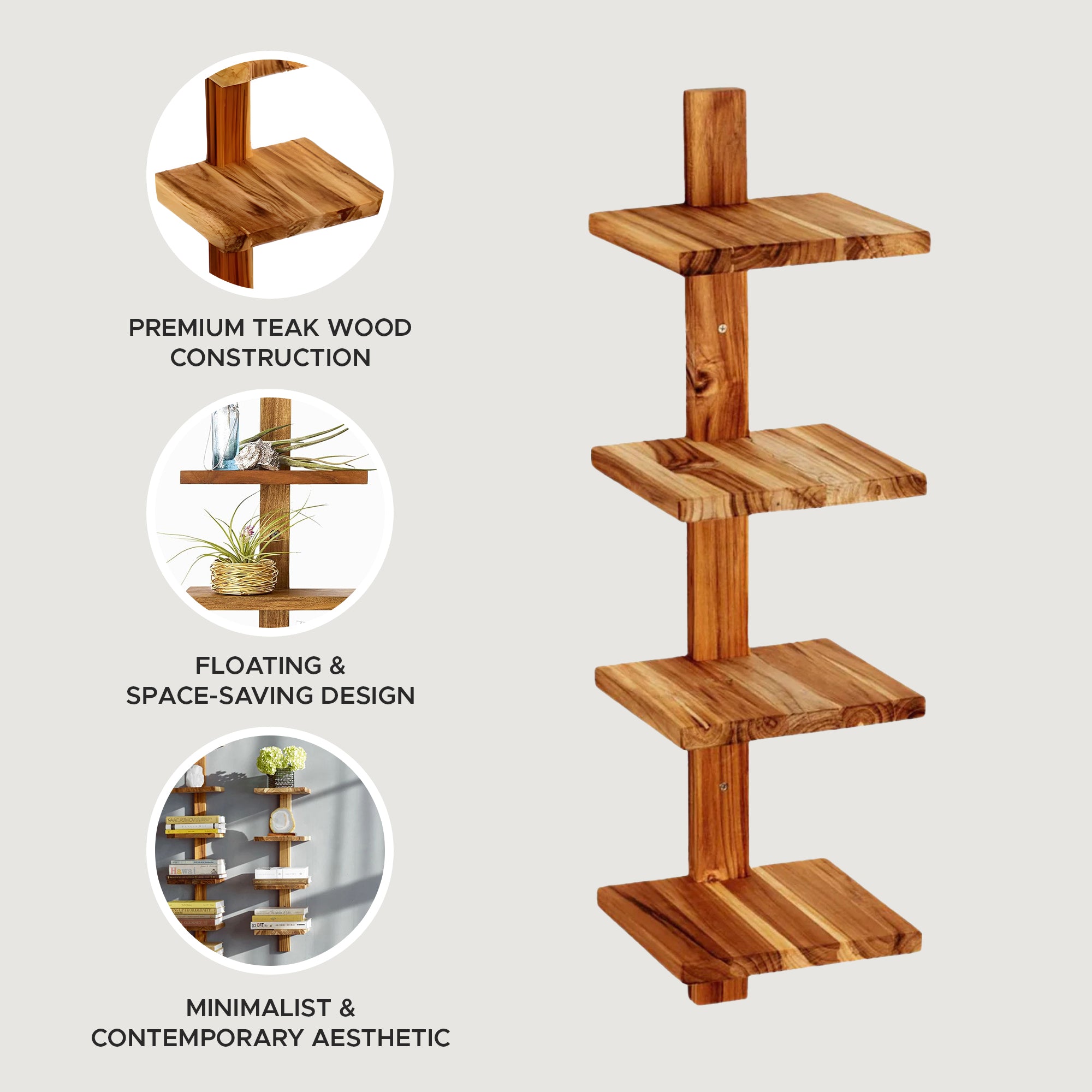 texxture 4 Shelf Floating Wall Shelves Column Shelving, Takara Small, Teak Wood - VMInnovations