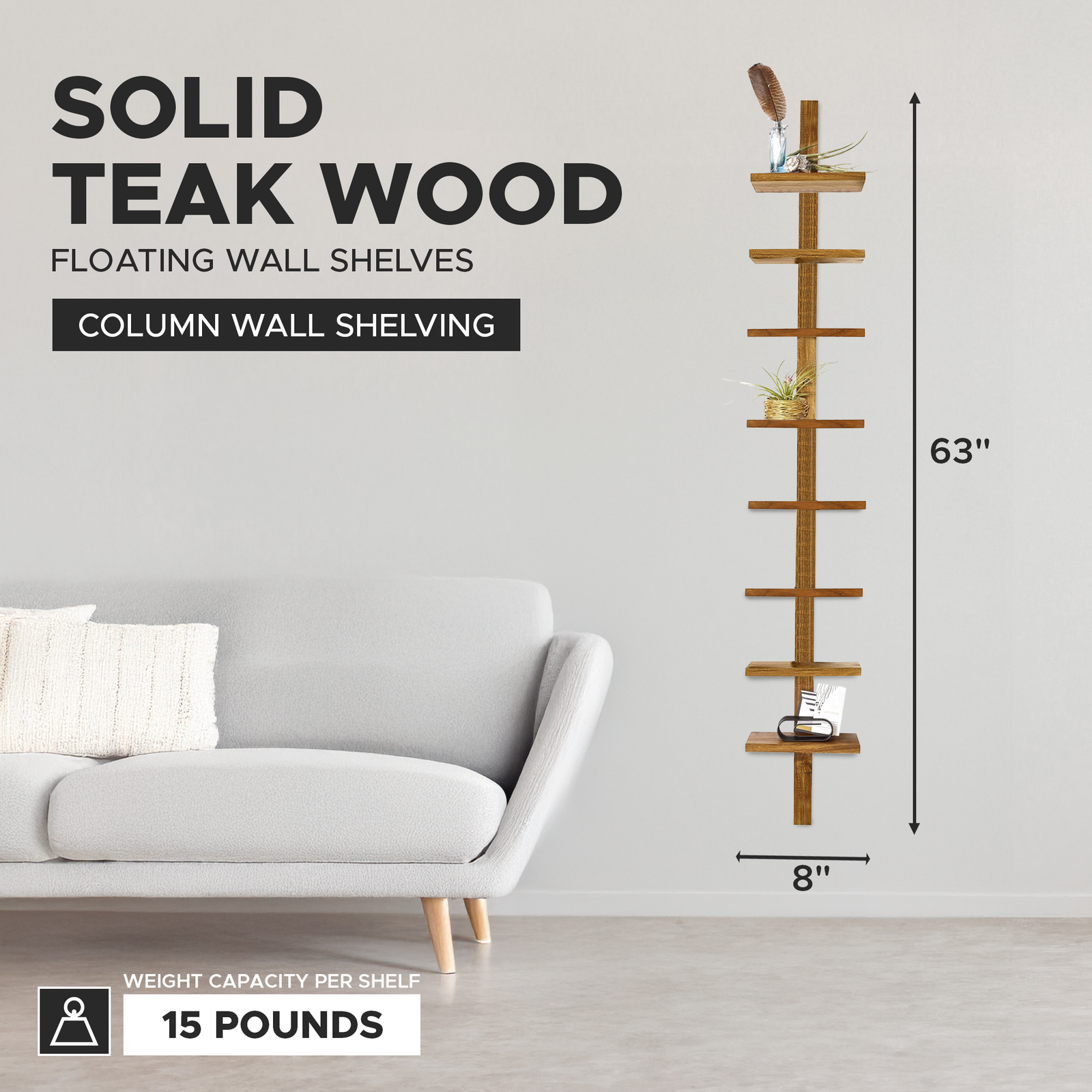 texxture 8 Shelf Floating Wall Shelves Column Shelving, Takara Large, Teak Wood - VMInnovations