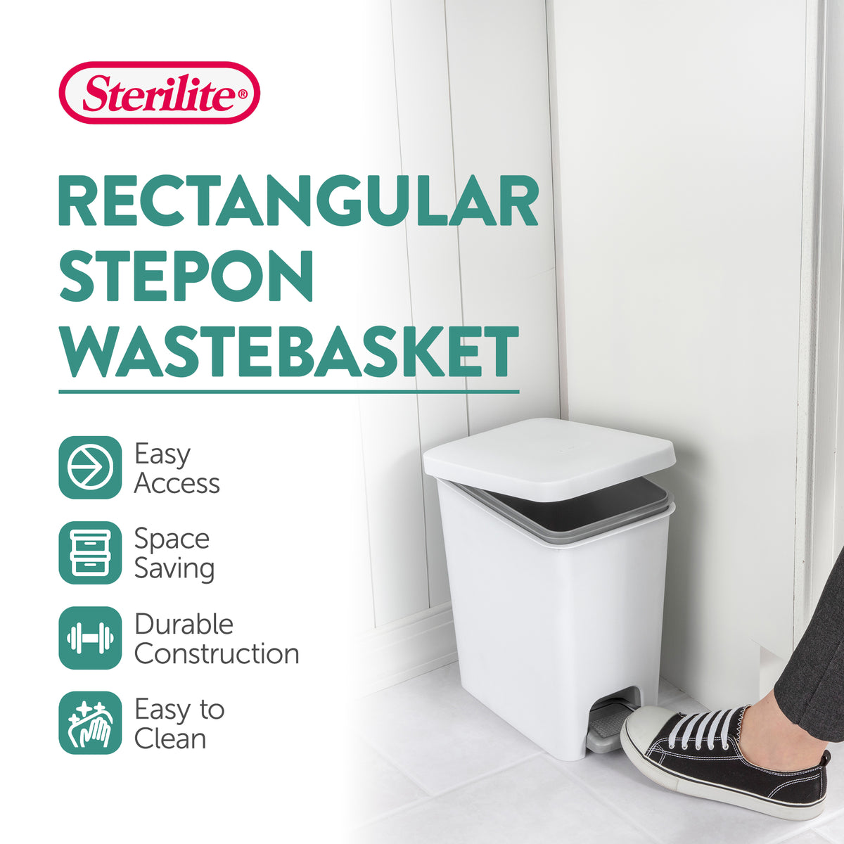 Sterilite 2.7 Gallon Rectangular Step On Trash Bin Wastebasket, White (6 Pack)