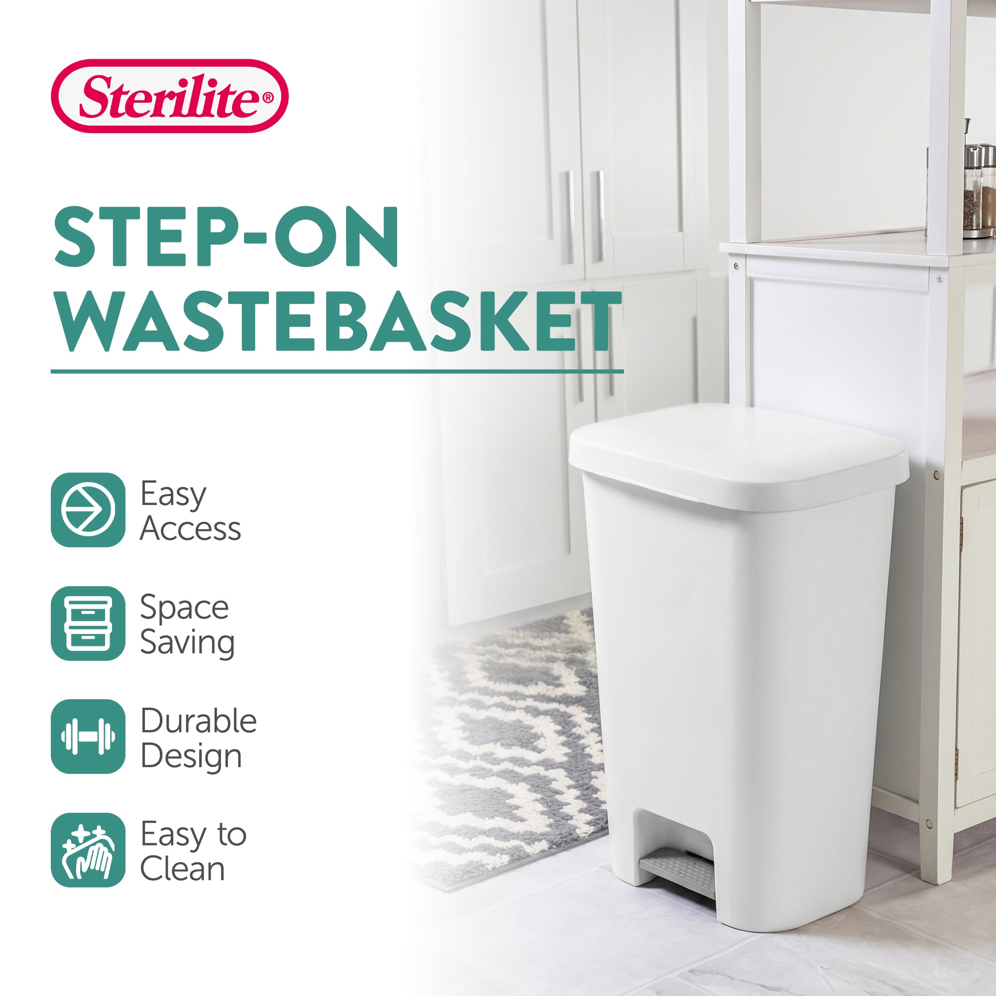 Sterilite 11.9 Gal Rectangle Step On Trash Kitchen Wastebasket, White (16 Pack)