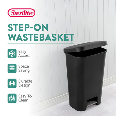Sterilite 11.9 Gal Rectangle Step On Trash Kitchen Wastebasket, Black (12 Pack)