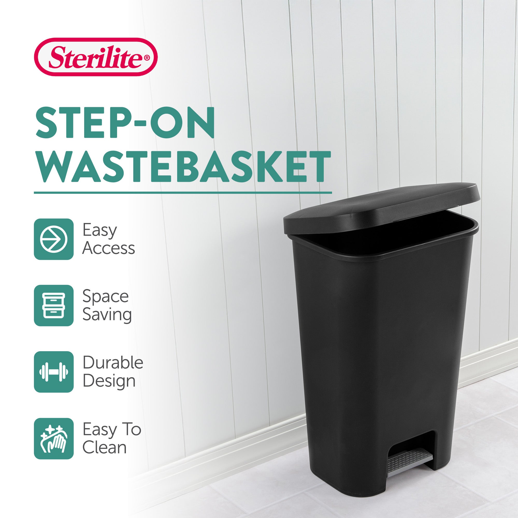 Sterilite 11.9 Gal Rectangle Step On Trash Kitchen Wastebasket, Black (8 Pack)