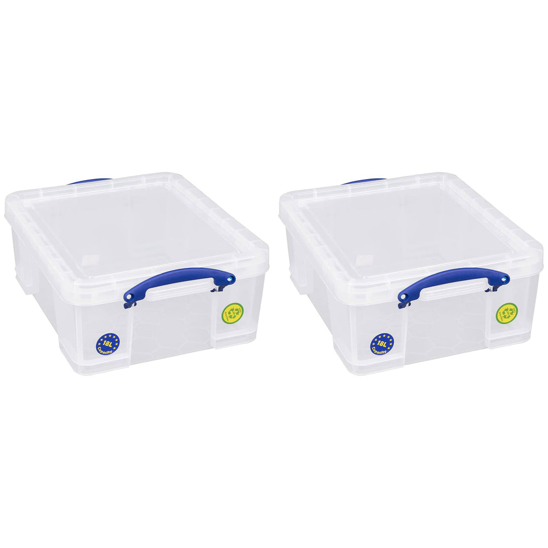 Really Useful Box 18L Storage Container w/Snap Lid & Clip Lock Handle, (2 Pack)