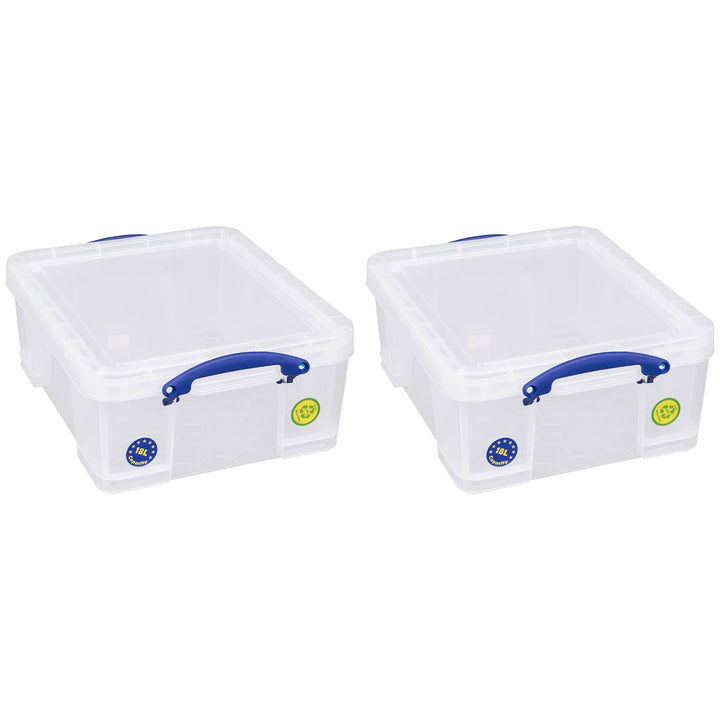 Really Useful Box 18L Storage Container w/Snap Lid & Clip Lock Handle, (2 Pack)