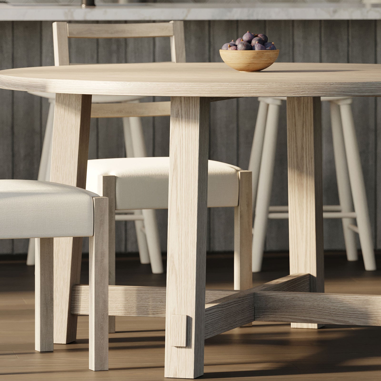 Sasha Organic Round Wooden Dining Table in Weathered White Finish - VMInnovations
