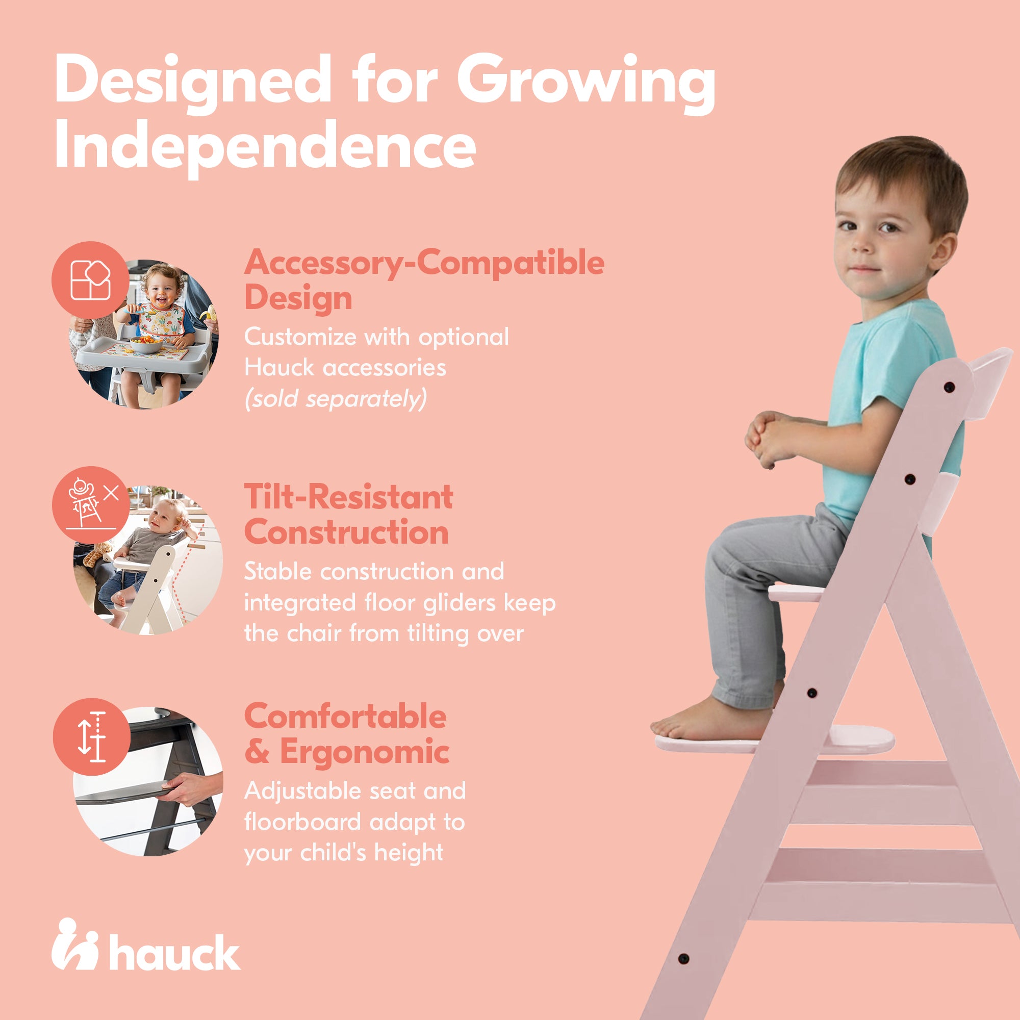 hauck Alpha+ Grow Along Wooden Highchair, Beechwood, Rose Finish (Open Box)