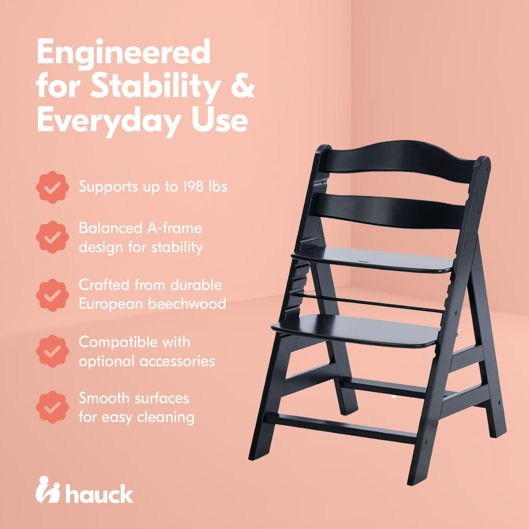 hauck Alpha+ Grow Along Seat, Adjustable Wooden Chair, Beechwood, Black Finish - VMInnovations