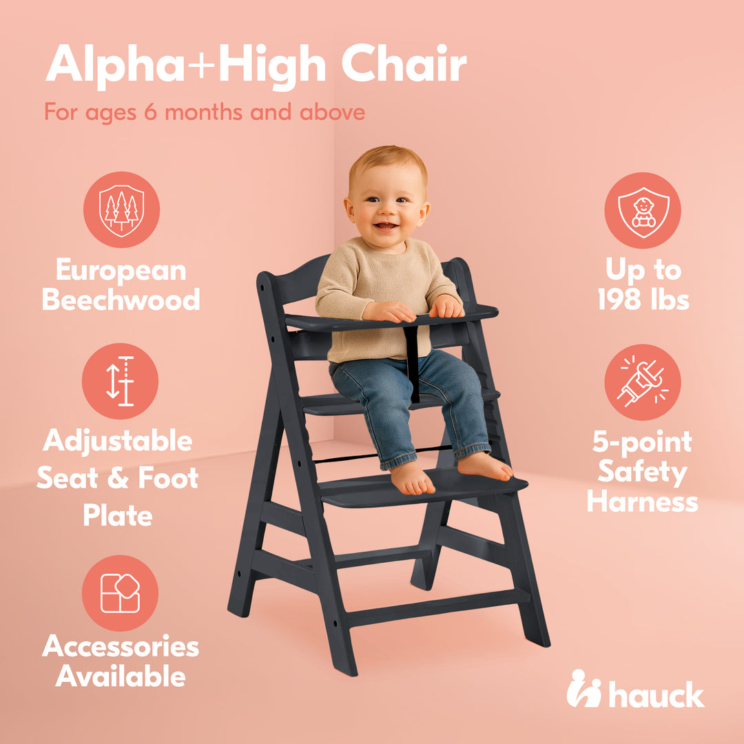 hauck Alpha+ Adjustable Wooden Highchair, Beechwood, Black Finish (Open Box)