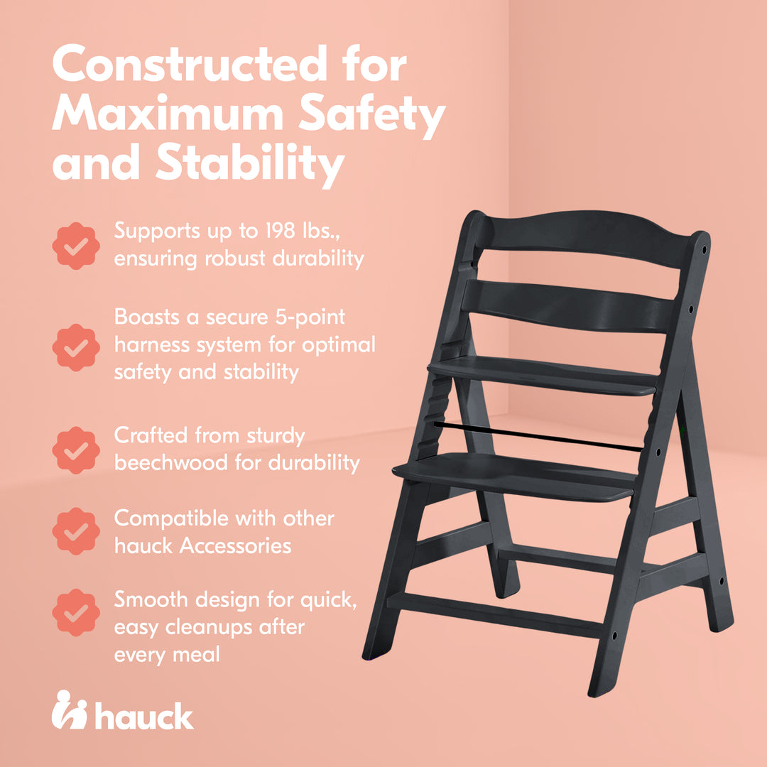 hauck Alpha+ Adjustable Wooden Highchair, Beechwood, Black Finish (Open Box)