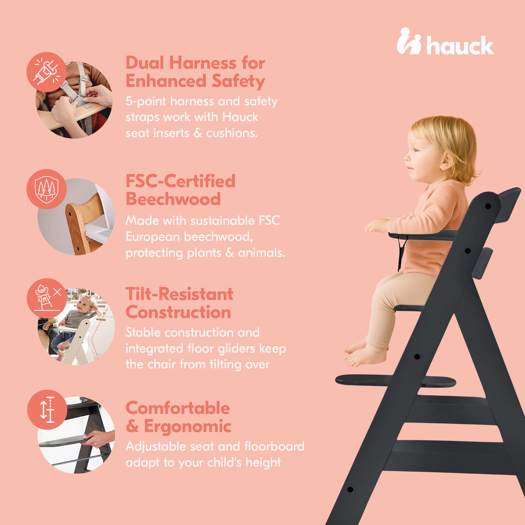 hauck Alpha+ Adjustable Wooden Highchair, Beechwood, Black Finish (Open Box)