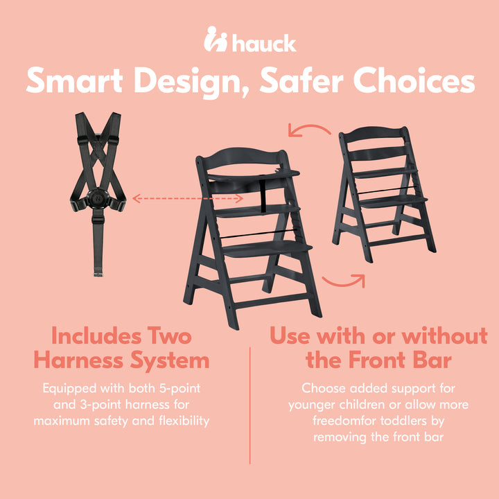 hauck Alpha+ Adjustable Wooden Highchair, Beechwood, Black Finish (Open Box)