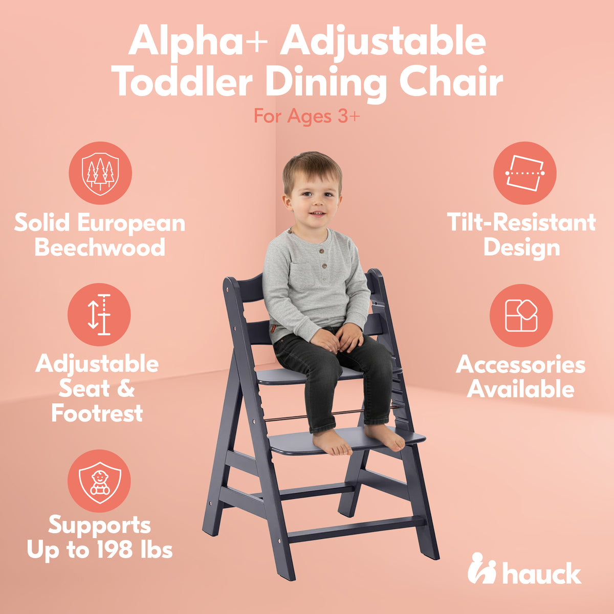 hauck Alpha+ Grow Along Adjustable Wooden Highchair, Beechwood, Dark Grey Finish (Open Box)