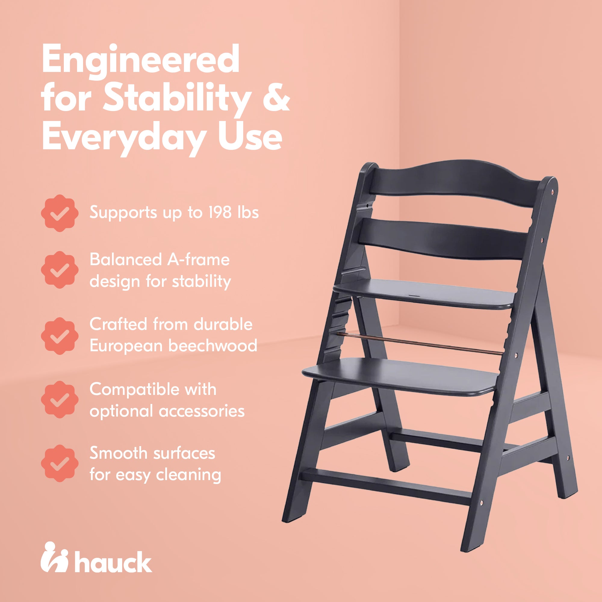 hauck Alpha+ Grow Along Seat Adjustable Wooden Chair Beechwood, Dark Grey Finish - VMInnovations