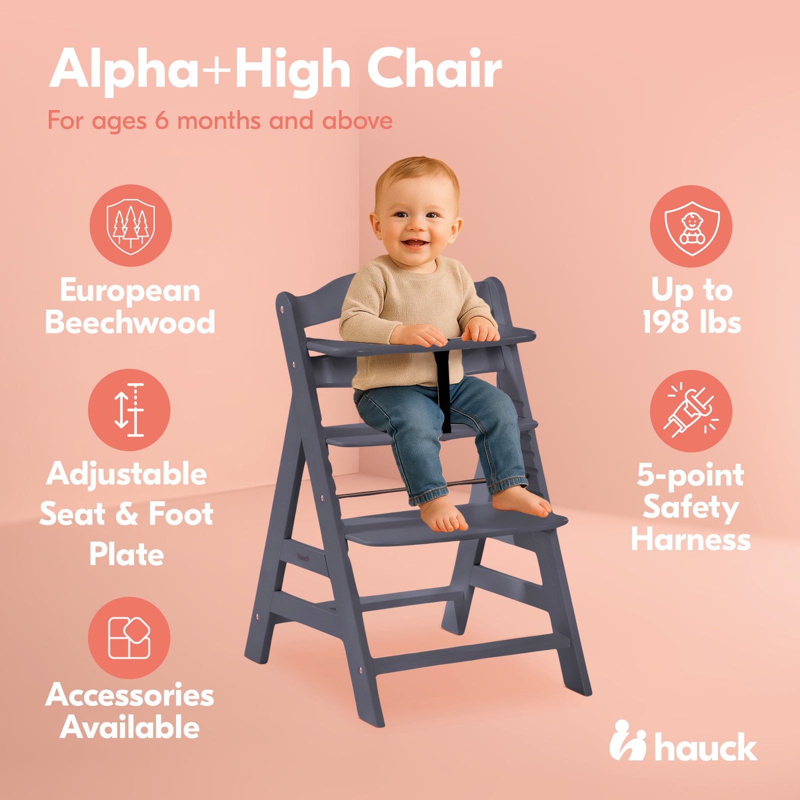 hauck Alpha+ Grow Along Adjustable Wooden Highchair, Beechwood, Dark Grey Finish - VMInnovations