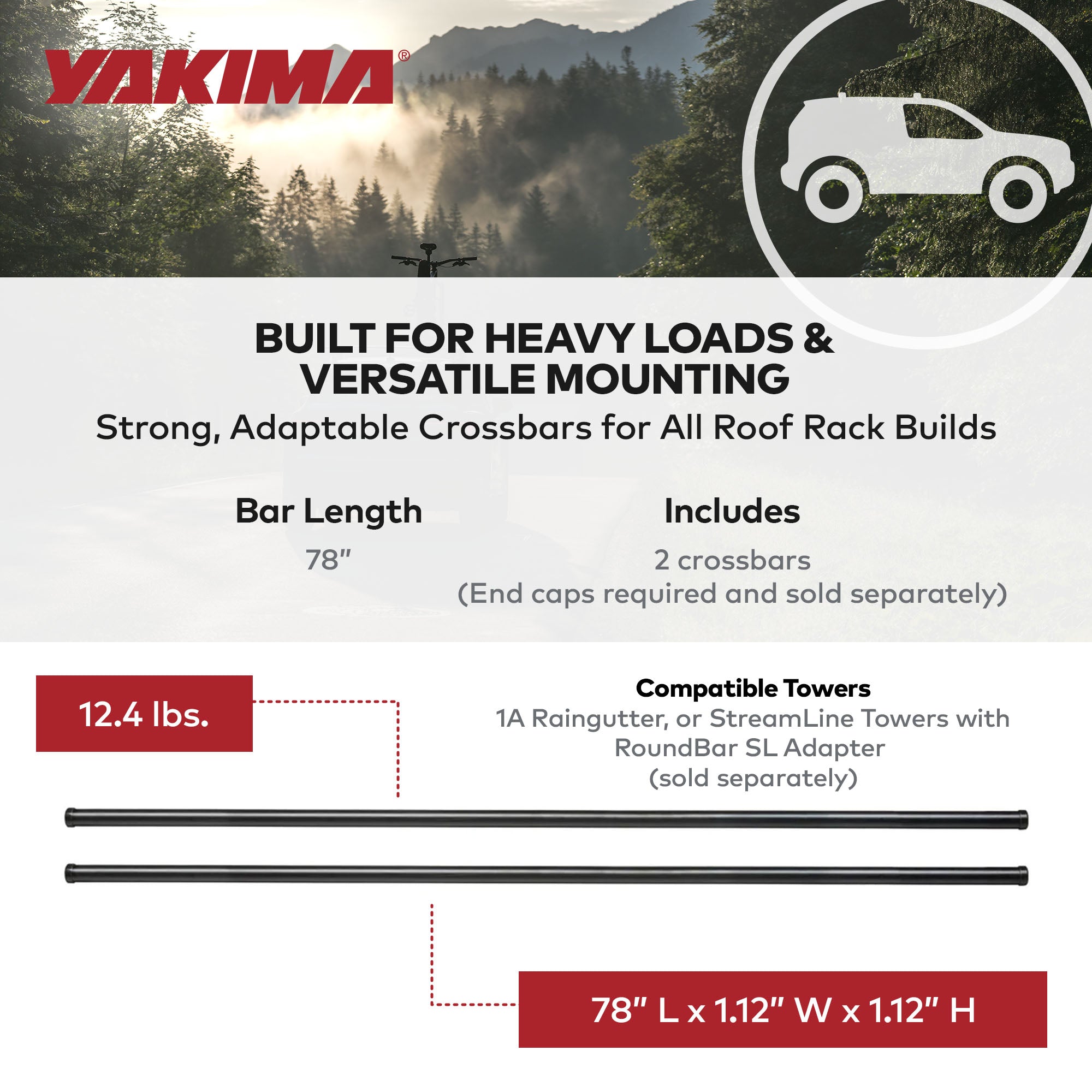 Yakima RoundBar XL 78 Inch Steel Round Roof Rack System Crossbars,2Pk(Open Box)