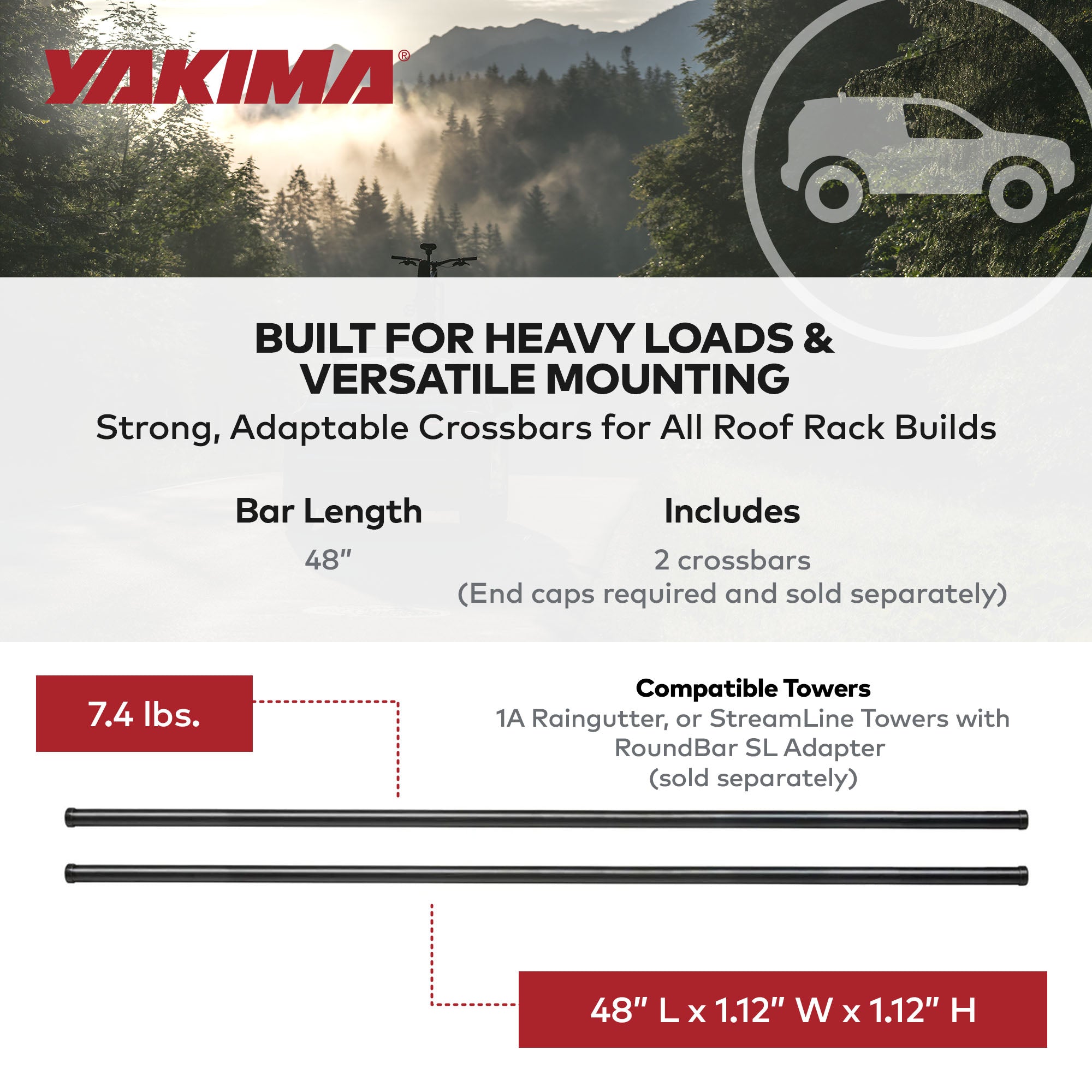 Yakima RoundBar Small 48” Steel Round Roof Rack System Crossbars, 2pk (Used)