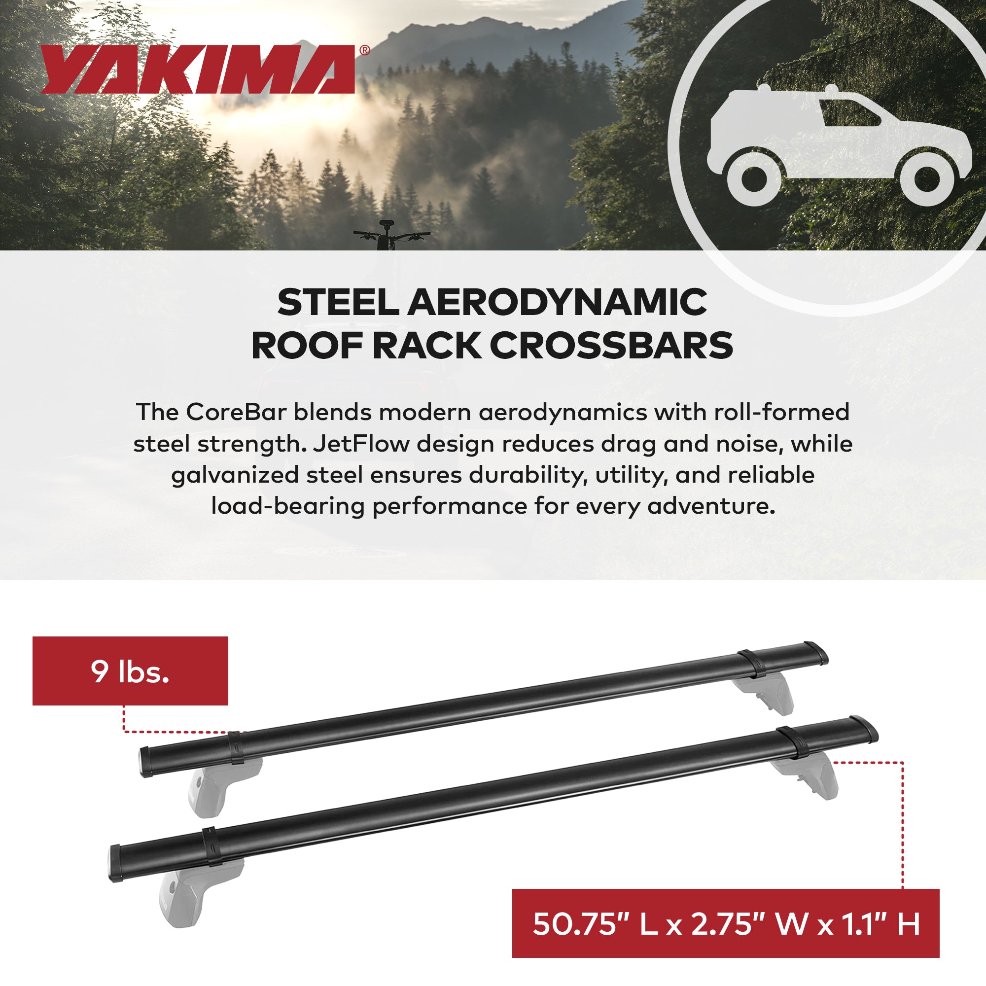 YAKIMA 50 Inch Steel CoreBar Aerodynamic Roof Rack Crossbars, Black, Set of 2 - VMInnovations