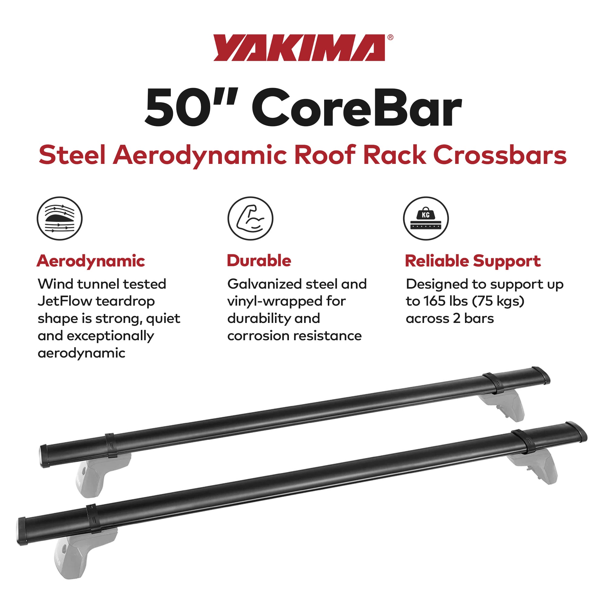 YAKIMA 50 Inch Steel CoreBar Aerodynamic Roof Rack Crossbars, Black, Set of 2 - VMInnovations