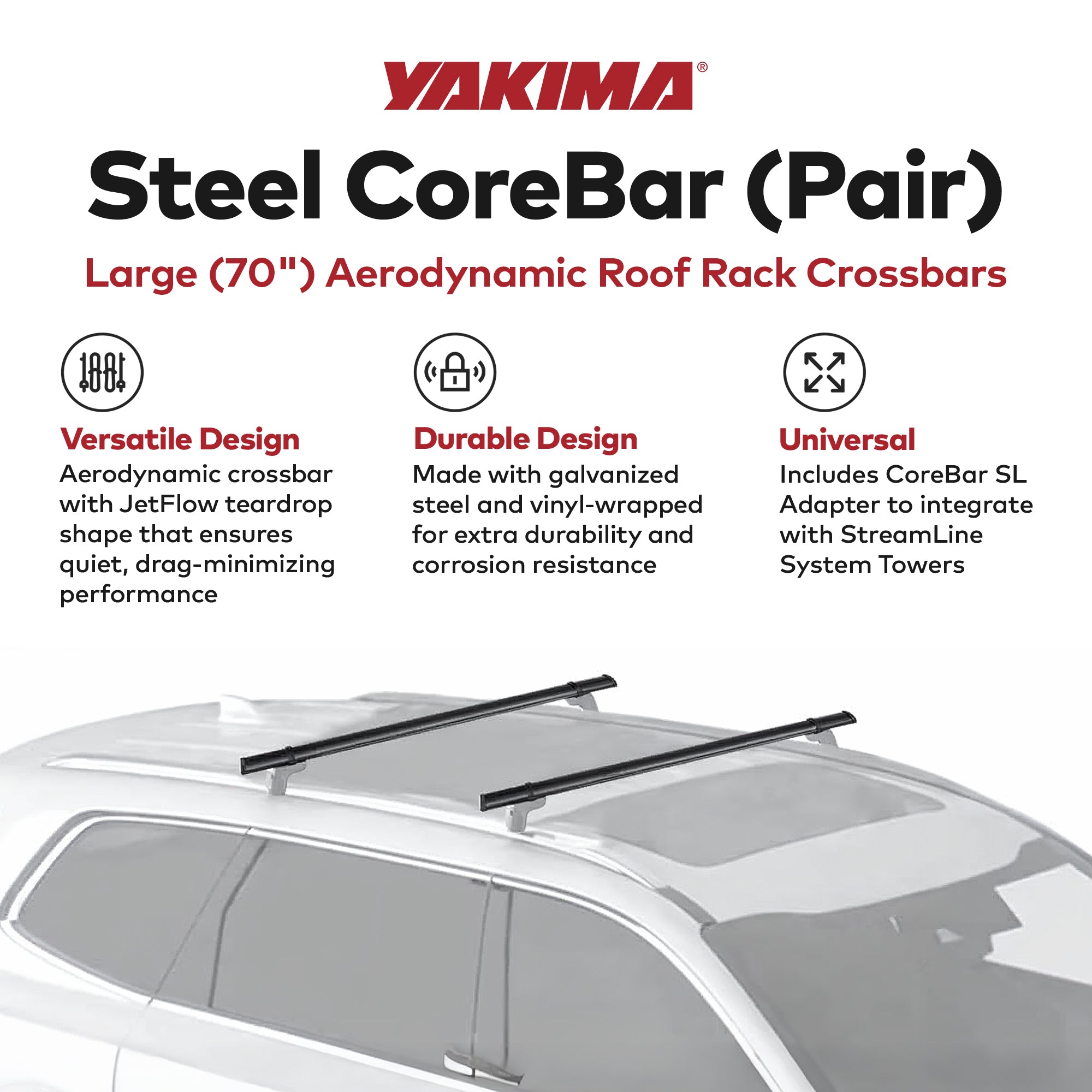 YAKIMA 70" Steel CoreBar Aerodynamic Roof Rack, Black, Set of 2 (Open Box) - VMInnovations