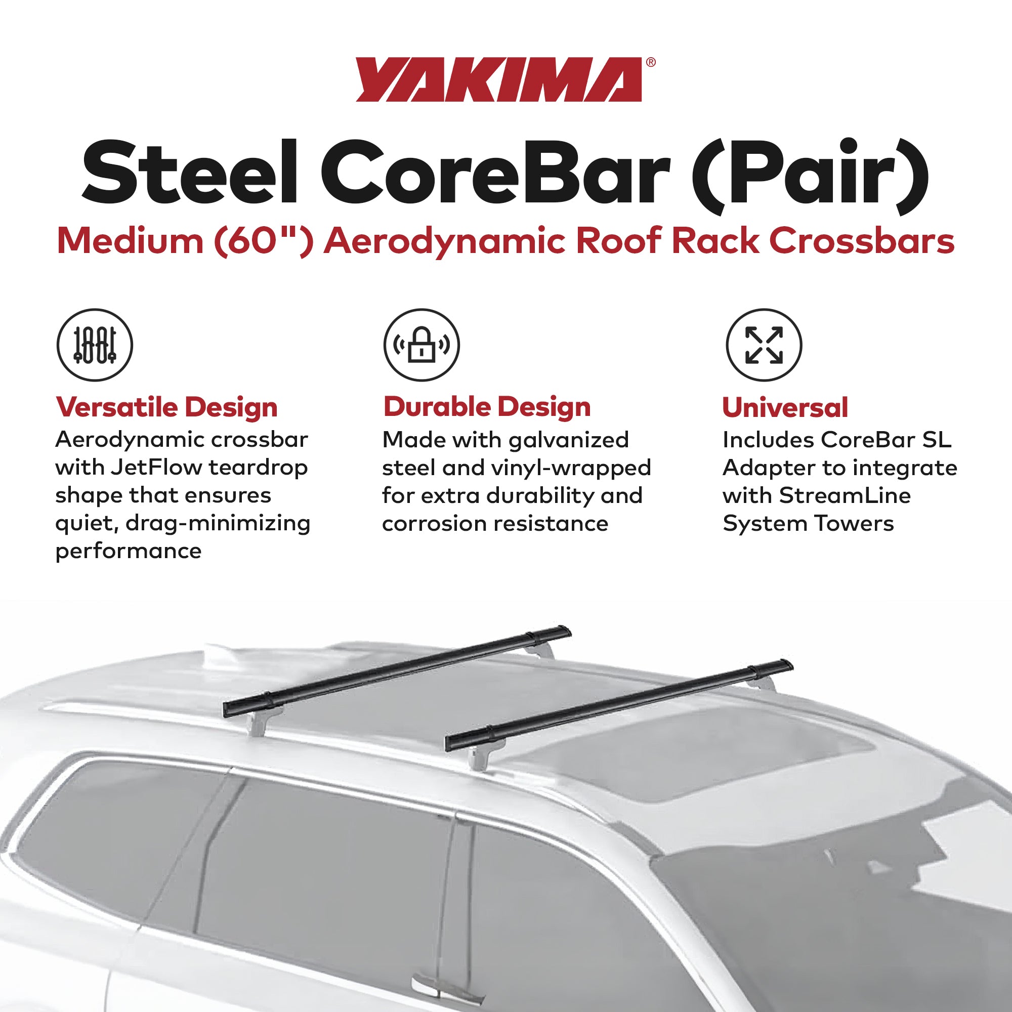 YAKIMA 60' Steel CoreBar Aerodynamic Roof Rack Crossbars, Black, Set of 2 (Used)