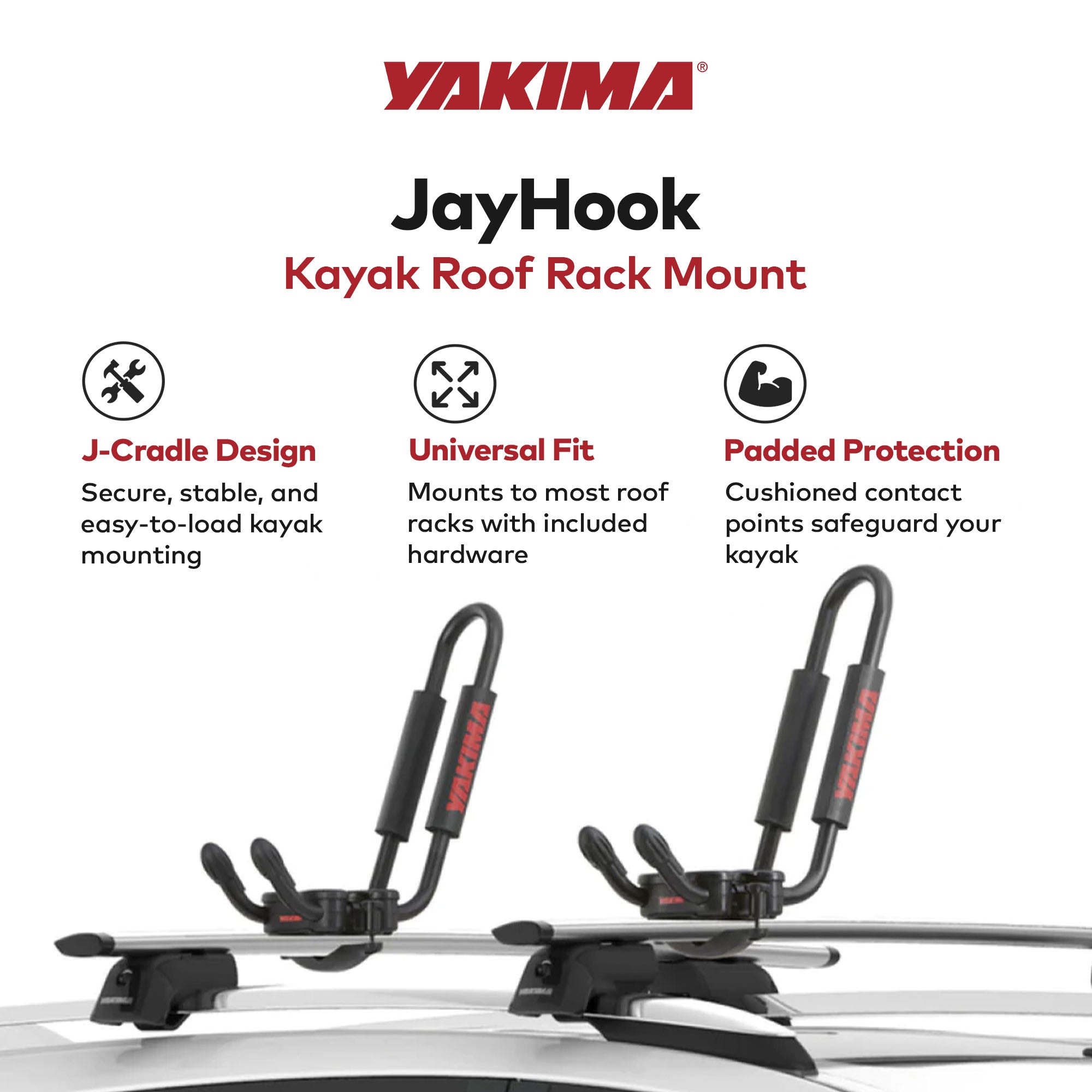 JayHook J-Cradle Rooftop Kayak Mount, Roof Rack w/Padding & Tie Downs (Open Box) - VMInnovations