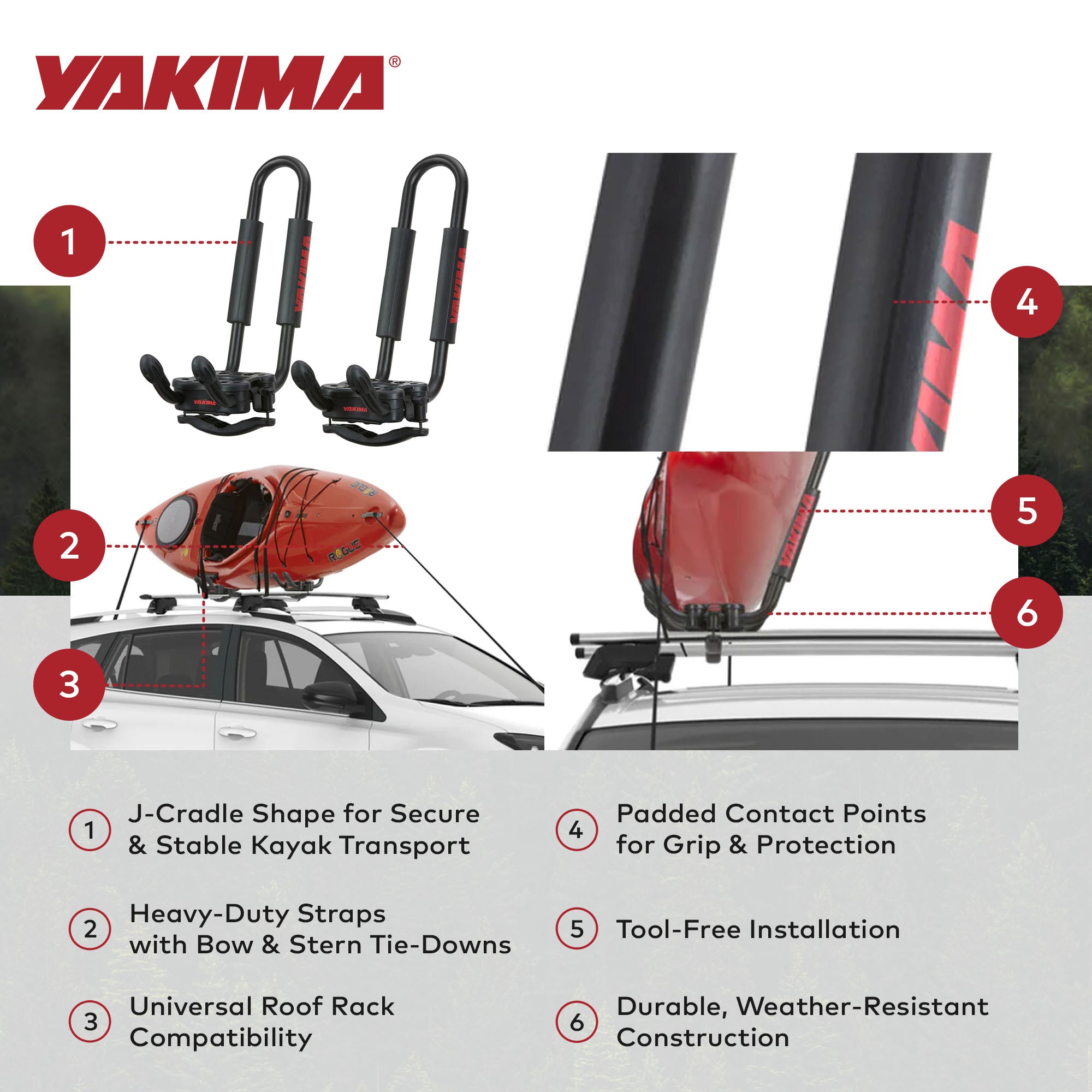 JayHook J-Cradle Rooftop Kayak Mount, Roof Rack w/Padding & Tie Downs (Open Box) - VMInnovations