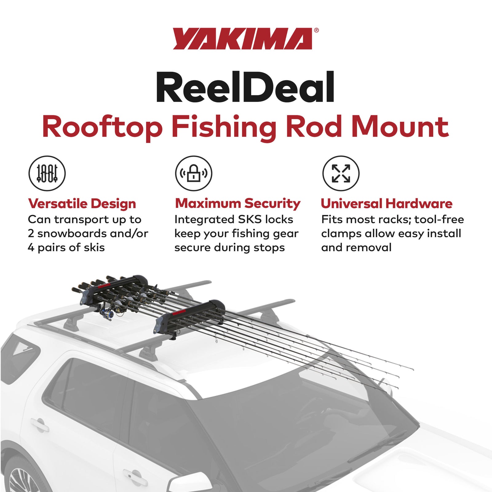 YAKIMA ReelDeal Padded Rooftop Rack Fishing Rod, Ski, and Snowboard Mount, Black - VMInnovations