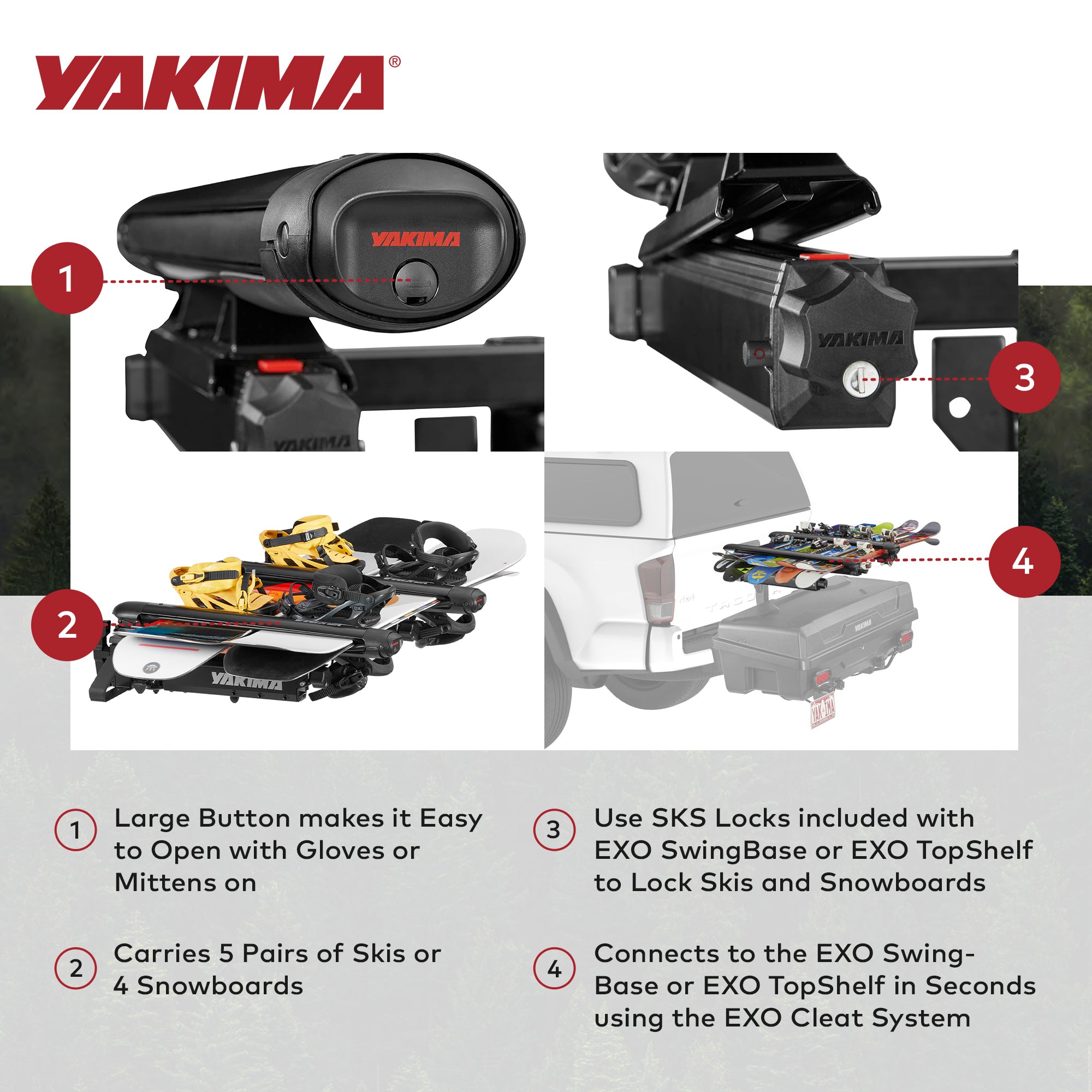 Yakima EXO SnowBank 5 Ski or 4 Snowboard Universal Mount Travel Roof Rack, Black - VMInnovations