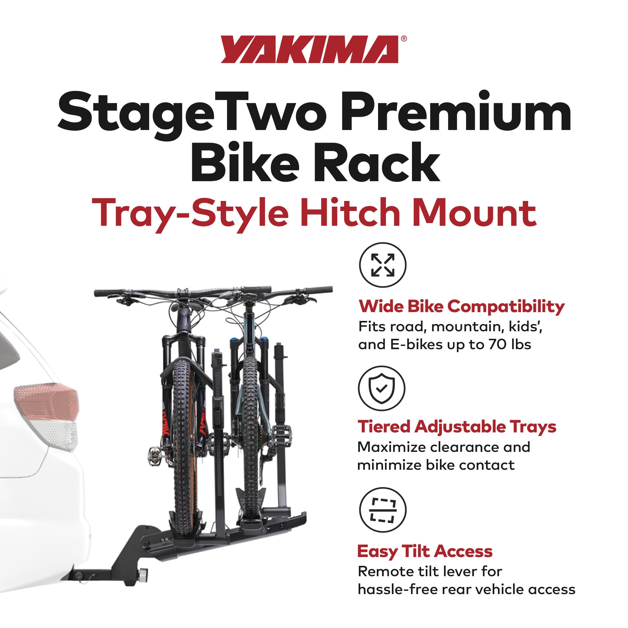 Yakima StageTwo Premium Bike Tray Hitch Bike Rack Compatible w/ 52" Wheelbases