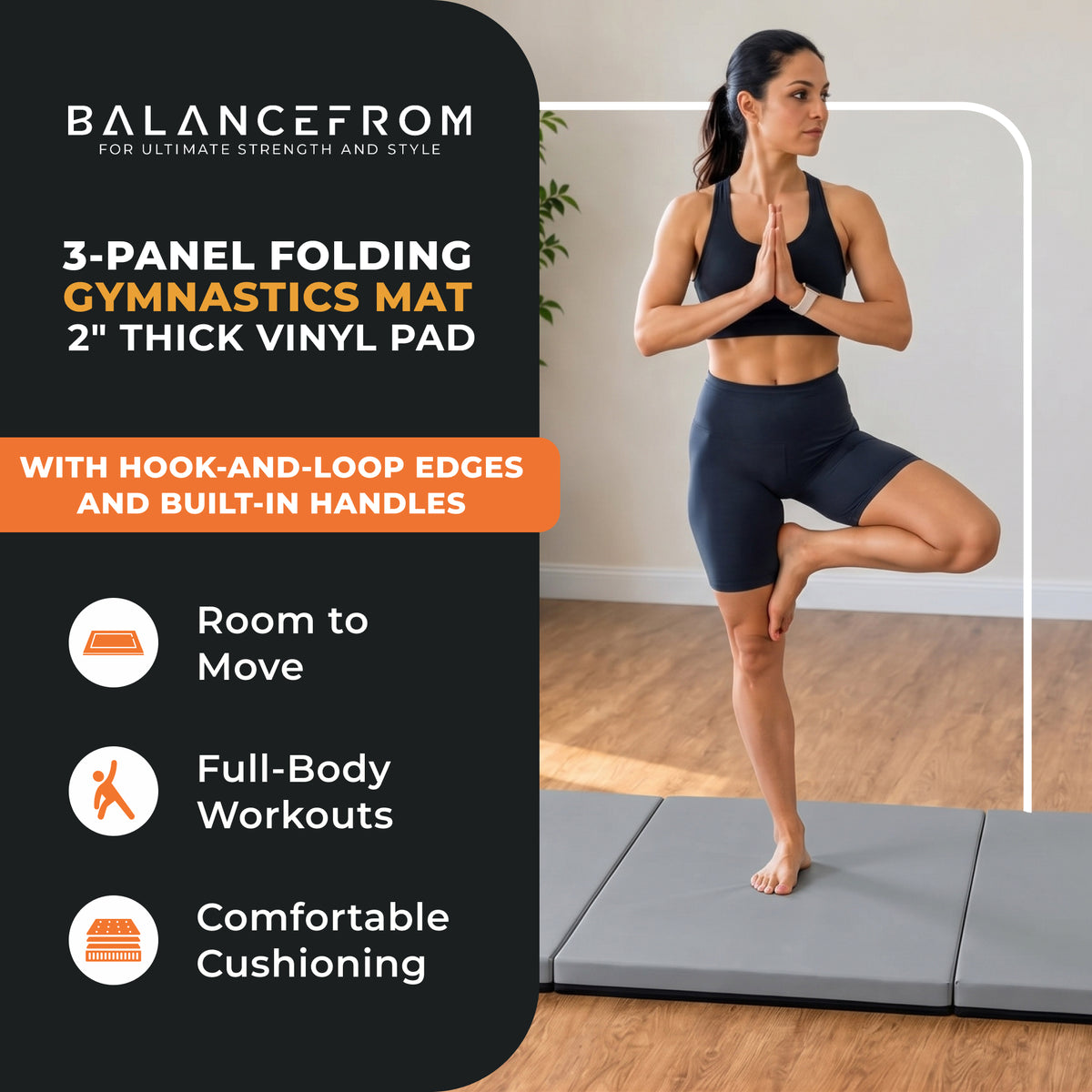 BalanceFrom Fitness GoGym 6x2ft Folding 3 Panel Exercise Mat with Handles, Gray - VMInnovations