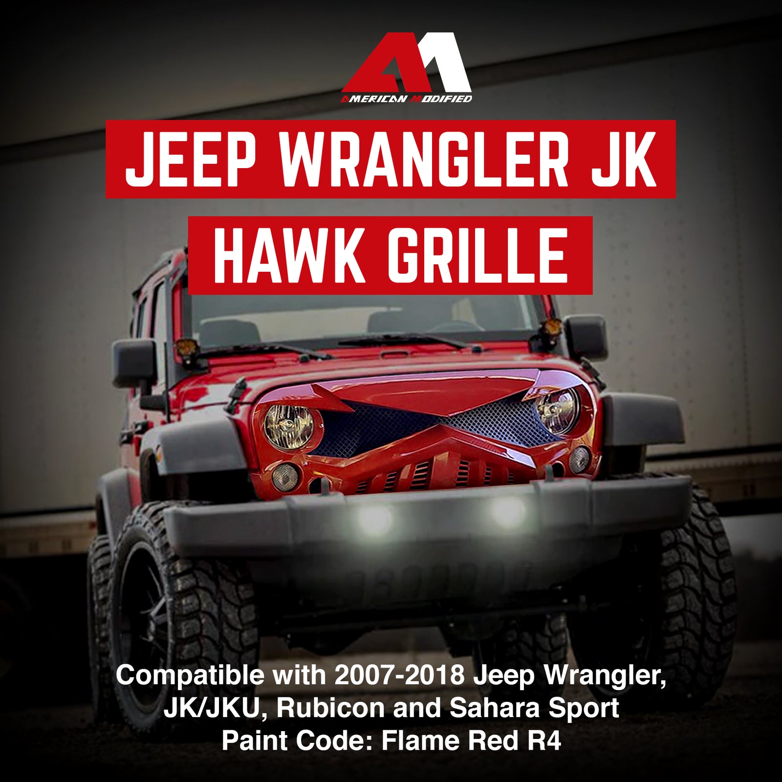 AMERICAN MODIFIED Hawke Front Replacement Grille for 07-18 Jeep Wrangler JK, Red - VMInnovations