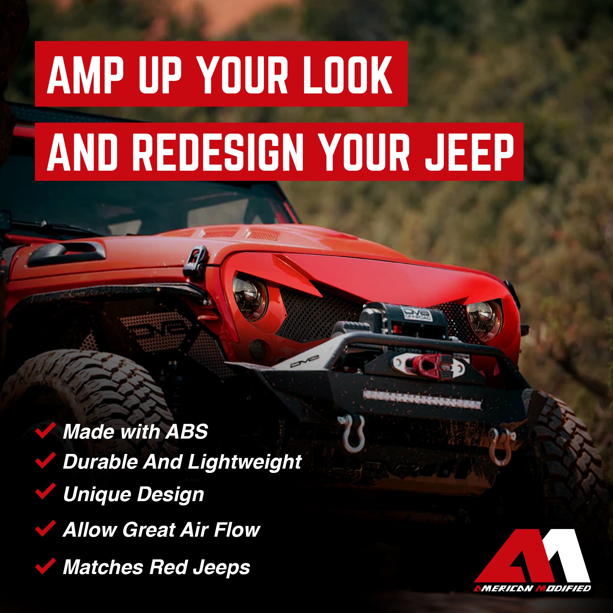 AMERICAN MODIFIED Hawke Front Grille for 07-18 Jeep Wrangler JK, Red (Used) - VMInnovations