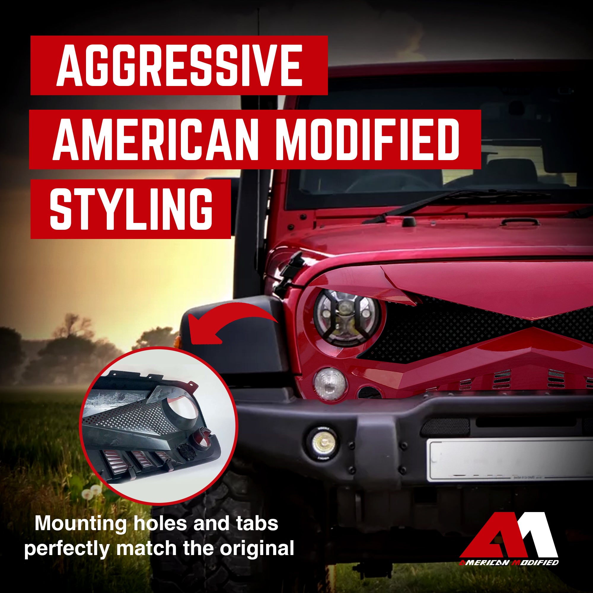 AMERICAN MODIFIED Hawke Front Grille for 07-18 Jeep Wrangler JK, Red (Used) - VMInnovations