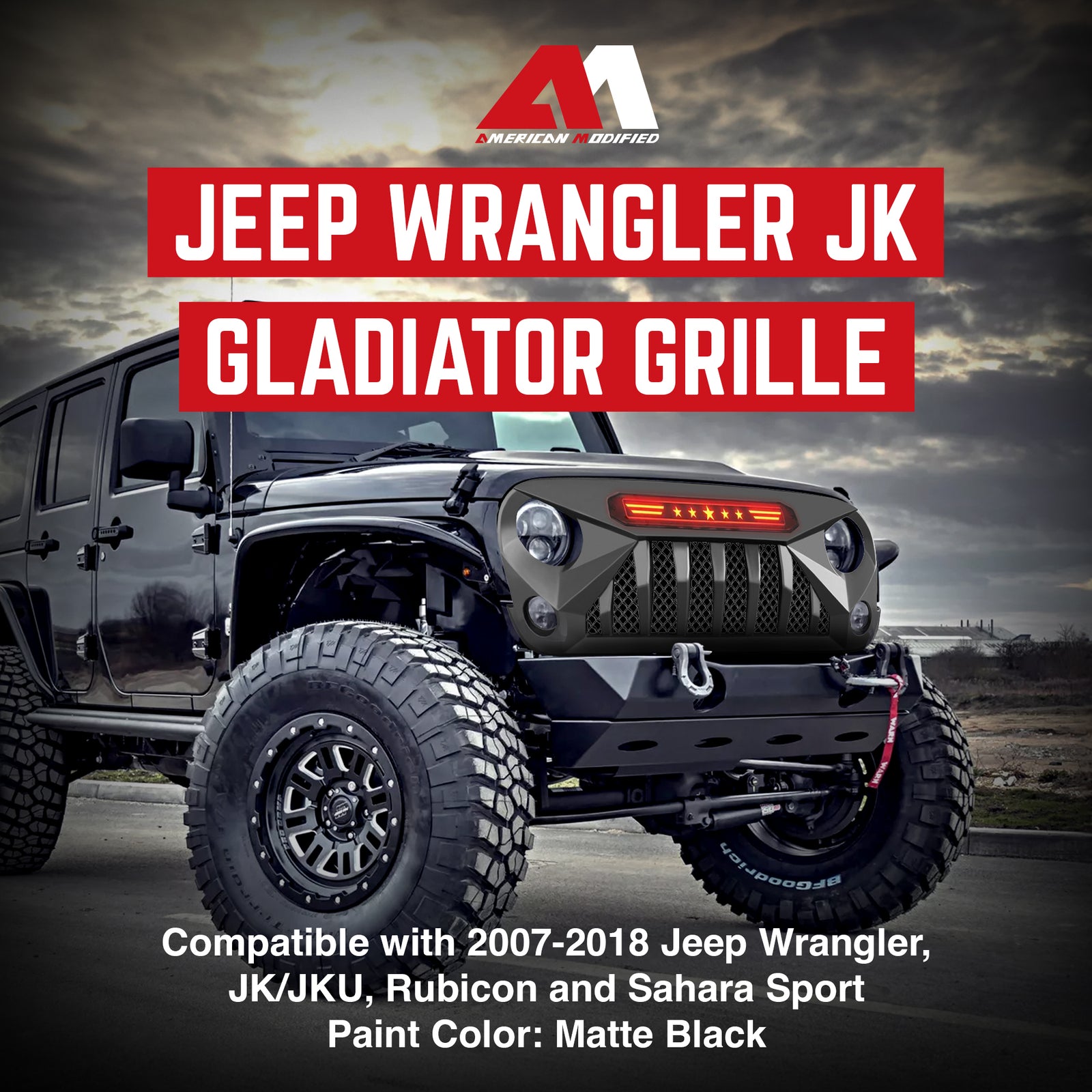 AMERICAN MODIFIED Gladiator Front Grille w/Red Lights for 07-18 Jeep Wrangler JK - VMInnovations