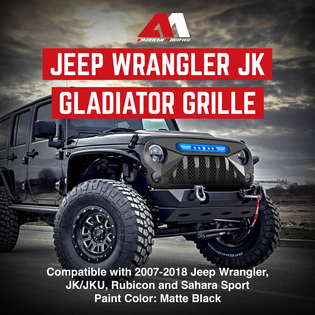 AMERICAN MODIFIED Gladiator Grille with Blue Lights for 07-18 Jeep Wrangler JK