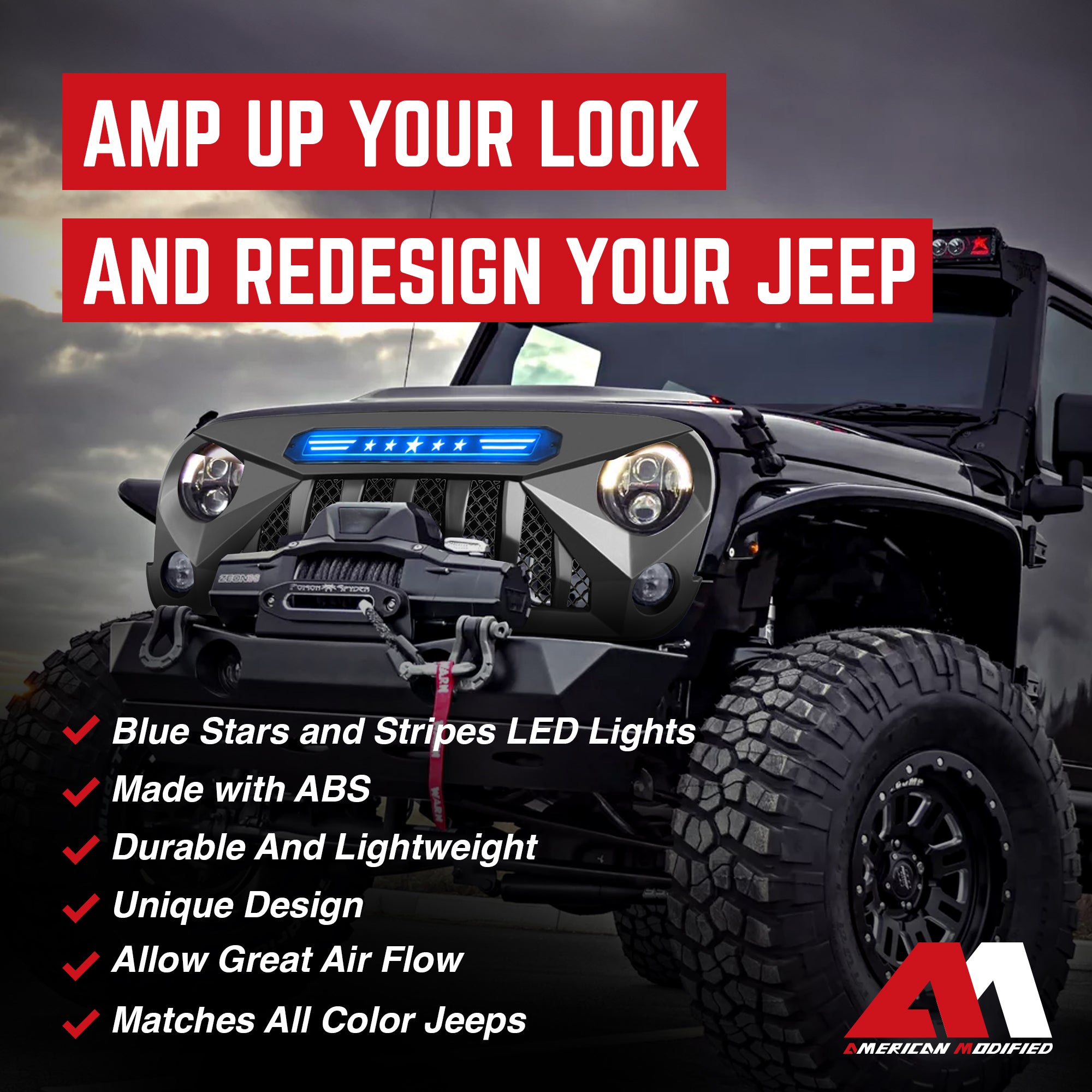 AMERICAN MODIFIED Gladiator Grille w/Blue Lights 07-18 Jeep Wrangler JK (Used) - VMInnovations