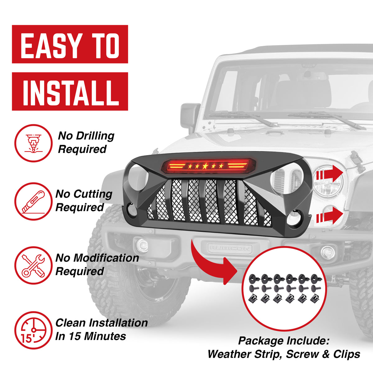 AMERICAN MODIFIED Front Grille w/Red Lights for 07-18 Jeep Wrangler JK (Used)